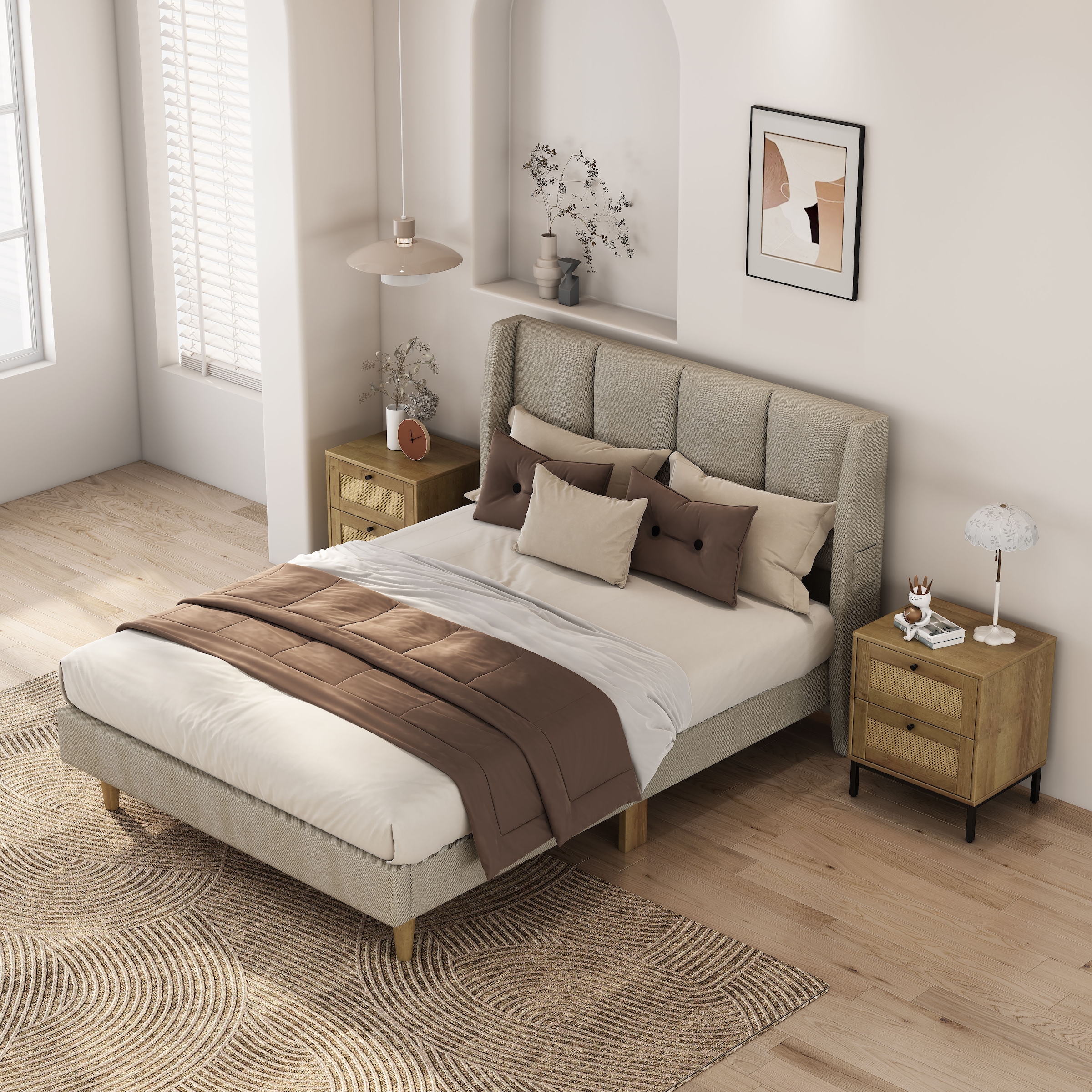 GOODproduct Nachtkommode »Motala Schlafzimmerschrank Garderobe Boho Eichen-Design« Set, 2 Schränke im Set - Eichen-Design mit schwarzen Griffen,  Nachttisch Set mit je 2 Schubladen mit wiener Geflecht optik