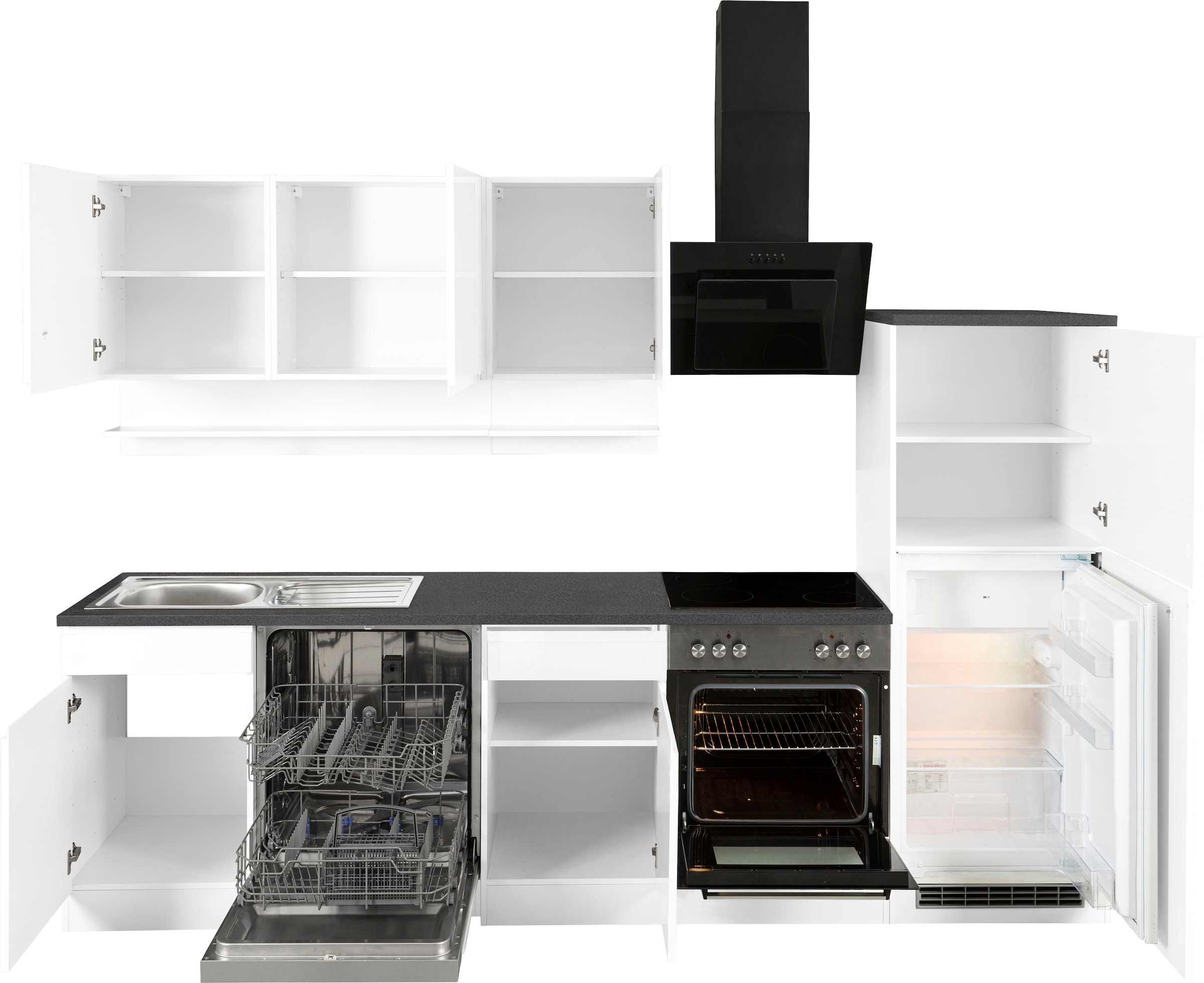 KOCHSTATION Kitchenette »KS-Virginia,neu in verbesserter Ausführung« plan de travail épaisseur 38 mm, rangement, fermeture douce,  Largeur 280 cm, fermeture douce, avec ou sans appareils électriques