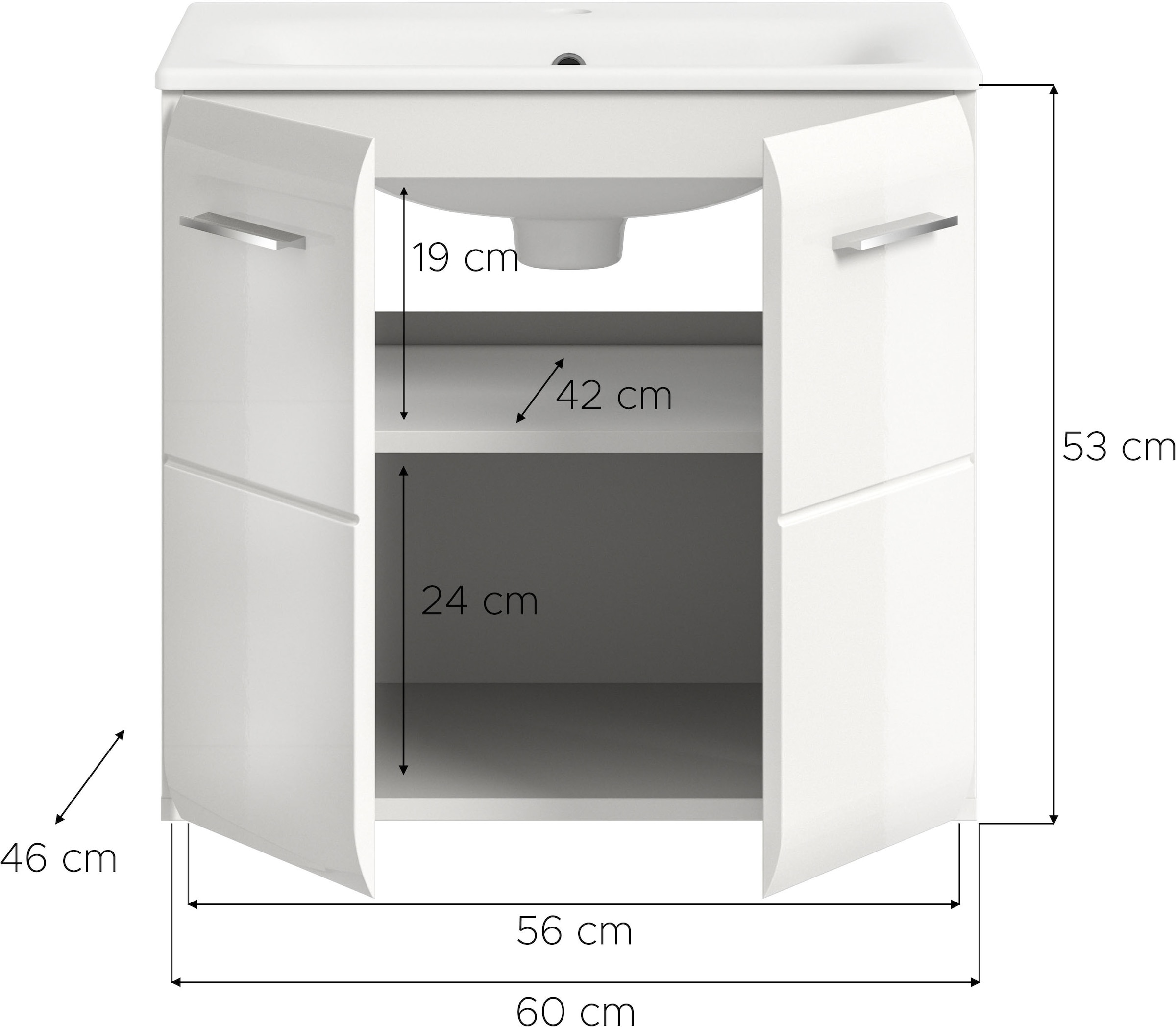 INOSIGN Armoire sous lavabo 2 cuis tlg. Florenz, Waschtisch inkl. Waschbecken, Weiss Hochglanz Tiefzieh