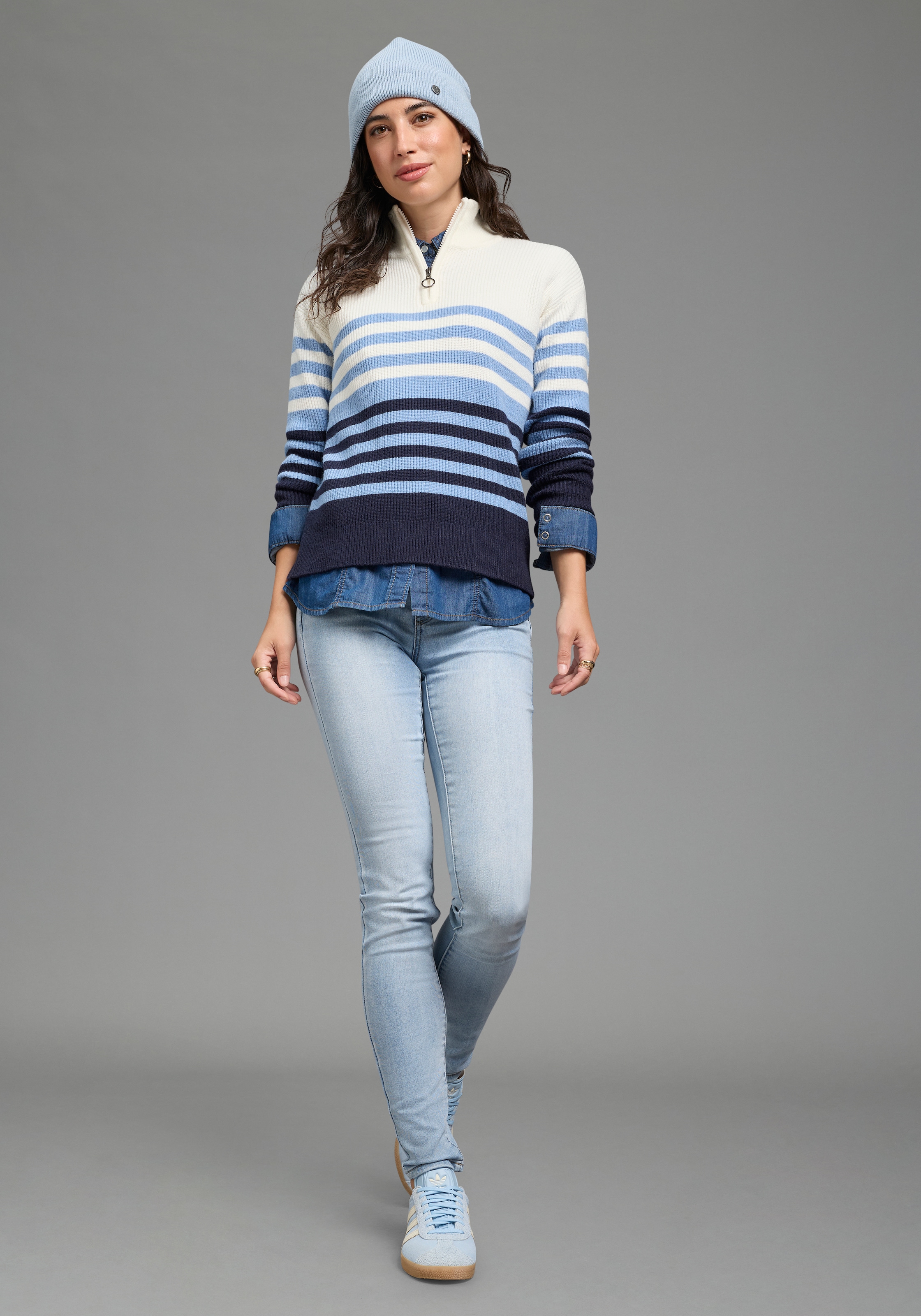 Laura Scott Pull en tricot »im maritimen Streifenlook mit Troyerkragen« avec coupe à la hanche