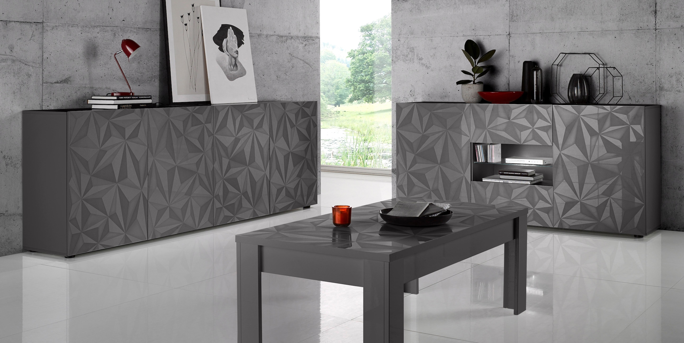 Home affaire Sideboard »Prisma Breite 241, Kommode 4 Türen, Anrichte« Front mit elegantem Siebdruck, grifflos, viel Stauraum