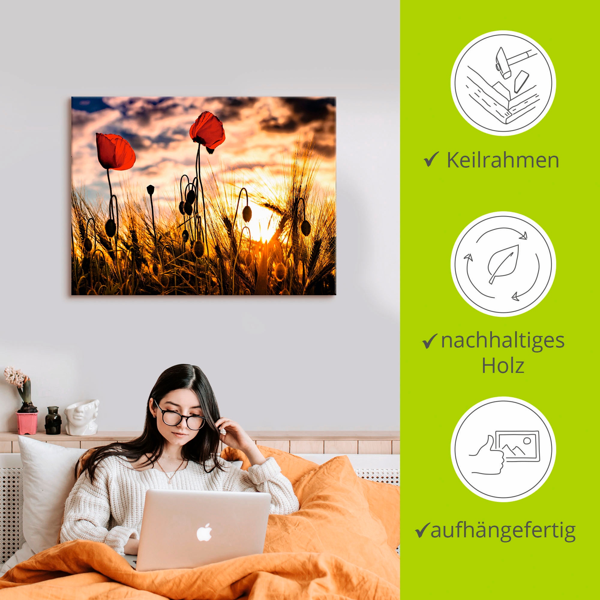 Artland Leinwandbild »Mohnblumen im Sonnenuntergang« Blumen 1 Stk. tlg. auf Holzrahmen gespannt