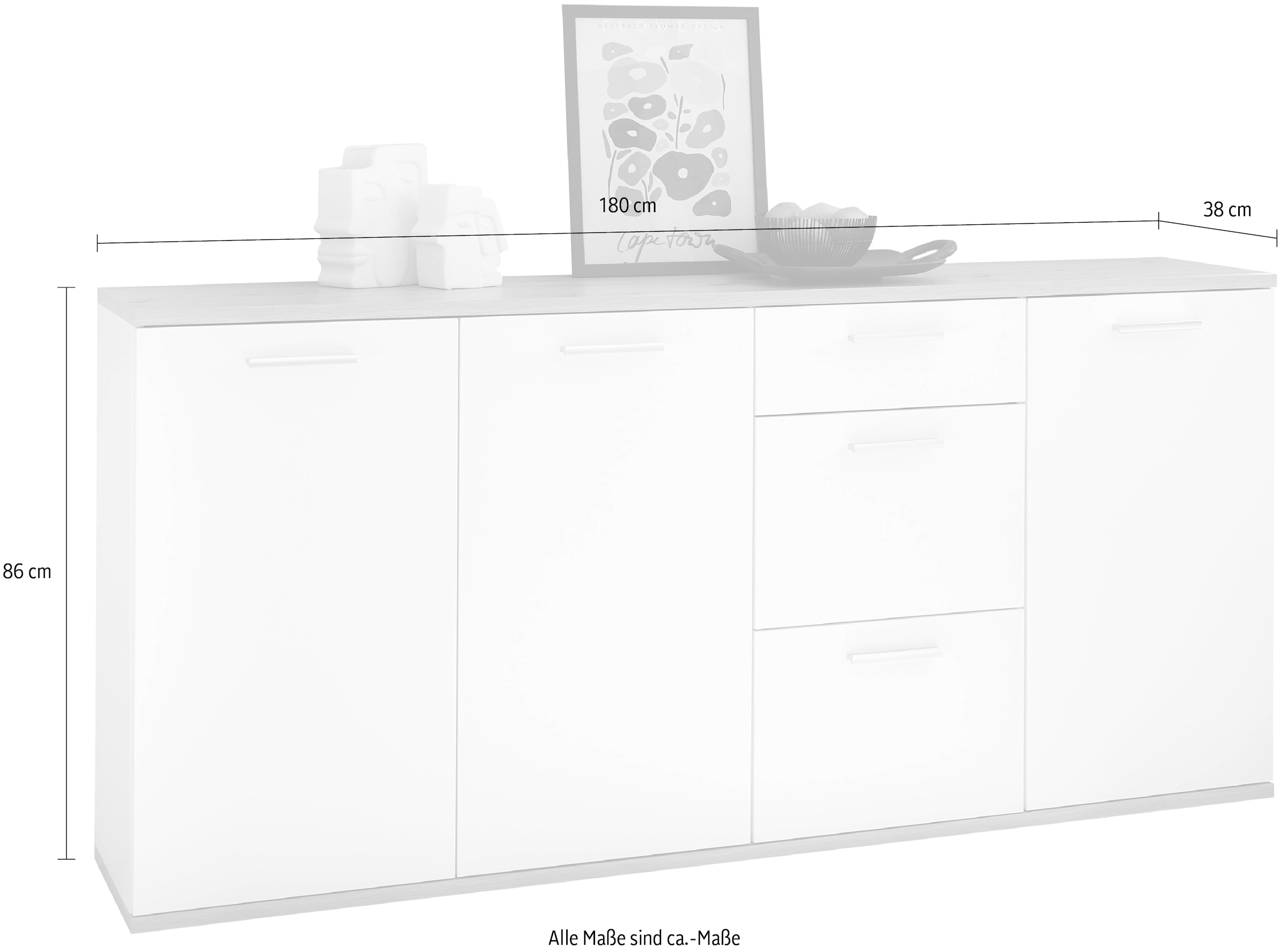 HBZ Kommode »BC1035 weiss matt, BxHxT 180x86x38 cm« Sideboard mit 3 Türen, 3 Schubkästen, 2 Einlegeböden