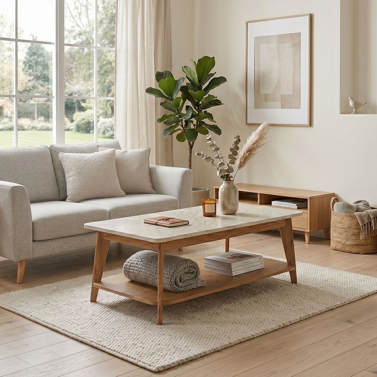 Jahnke Table basse »SIXTY COFFEE« Table basse, 2 niveaux, scandinave, aspect chêne et marbre, largeur : 110 cm