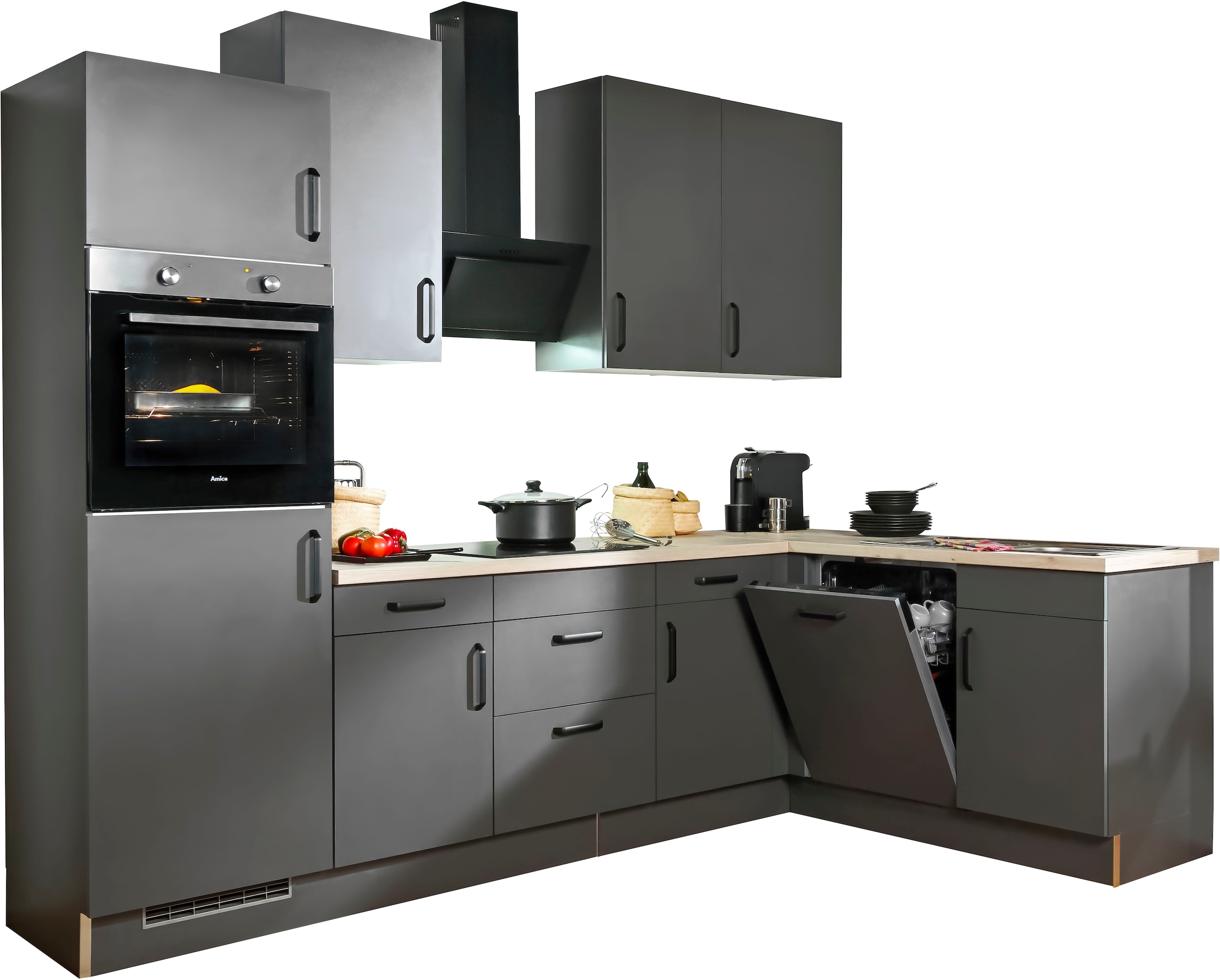 wiho Küchen Winkelküche »"Simi", mit verstellbaren Füssen, wahlweise mit E-Geräten« Soft-Close-Funktion in Schubkästen & Auszügen, Stellbreite 285/175 cm