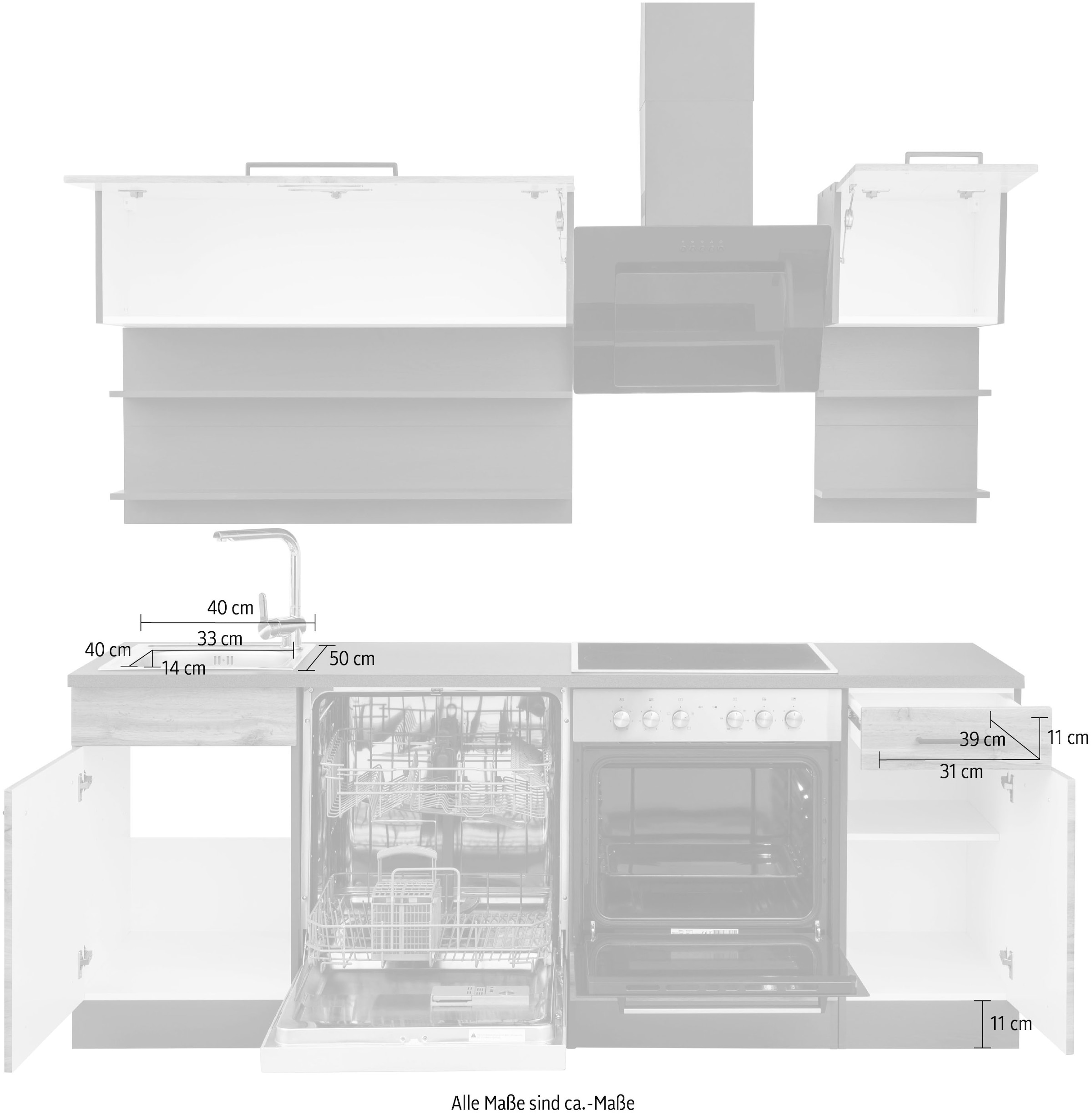 KOCHSTATION Küchenzeile »KS-Tulsa« ohne E-Geräte, Breite 210 cm, schwarze Metallgriffe, MDF Fronten