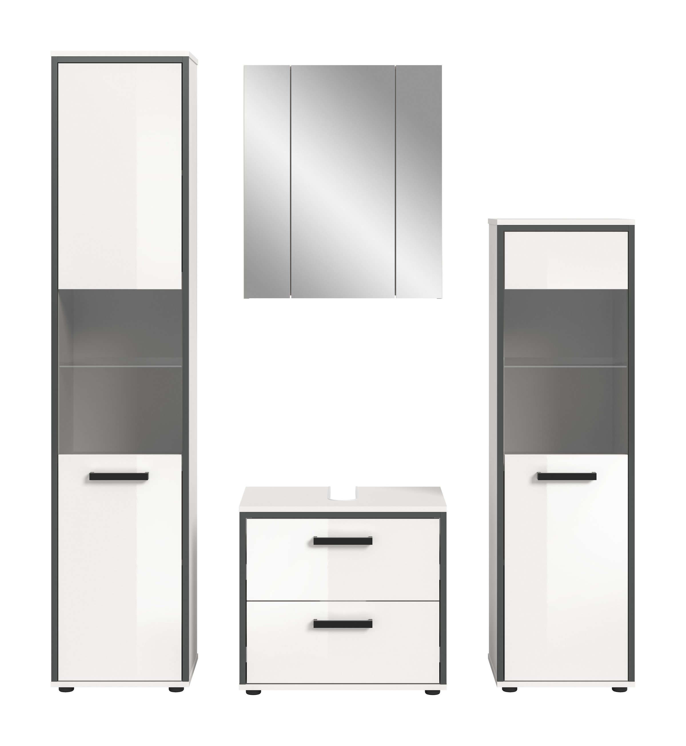 welltime Badmöbel-Set »KAJO, 4-tlg. Badkombination, weiss hochglanz« Set, Set, best. aus:1Hochschrank,1Spiegelschrank,1WBU,1Midischrank, 4 Stk. tlg.