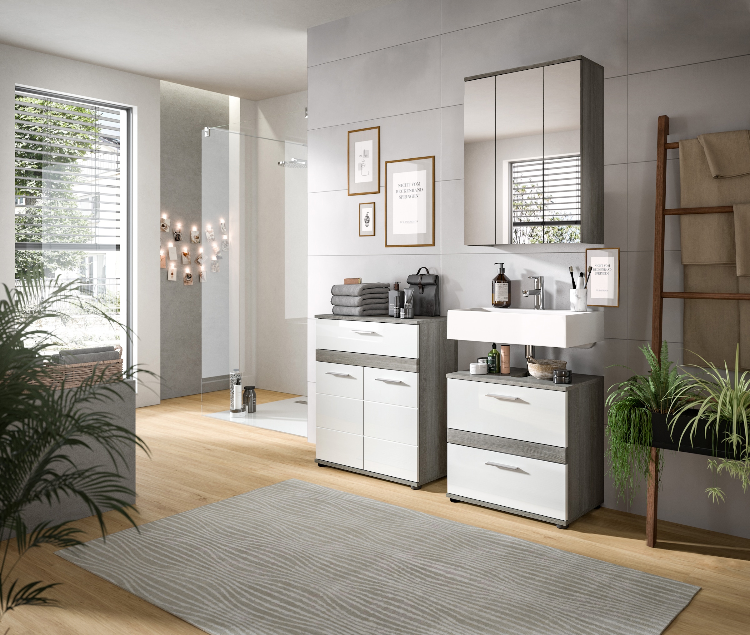 welltime Badmöbel-Set »LUCCA, 3-teilig, TOPSELLER!, hochwertige MDF Front« Set, best. aus: Waschbeckenunterschrank, Spiegelschrank und Midischrank, 3 Stk. tlg.