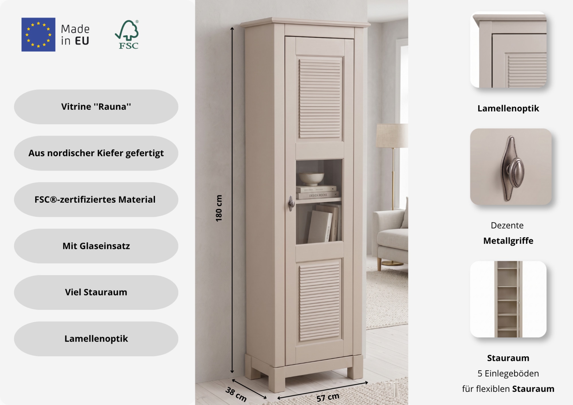 GOODproduct Vitrines »Rauna Vitrinenschrank, Stauraumchrank« hauteur 180 cm, en pin massif, certifié FSC®