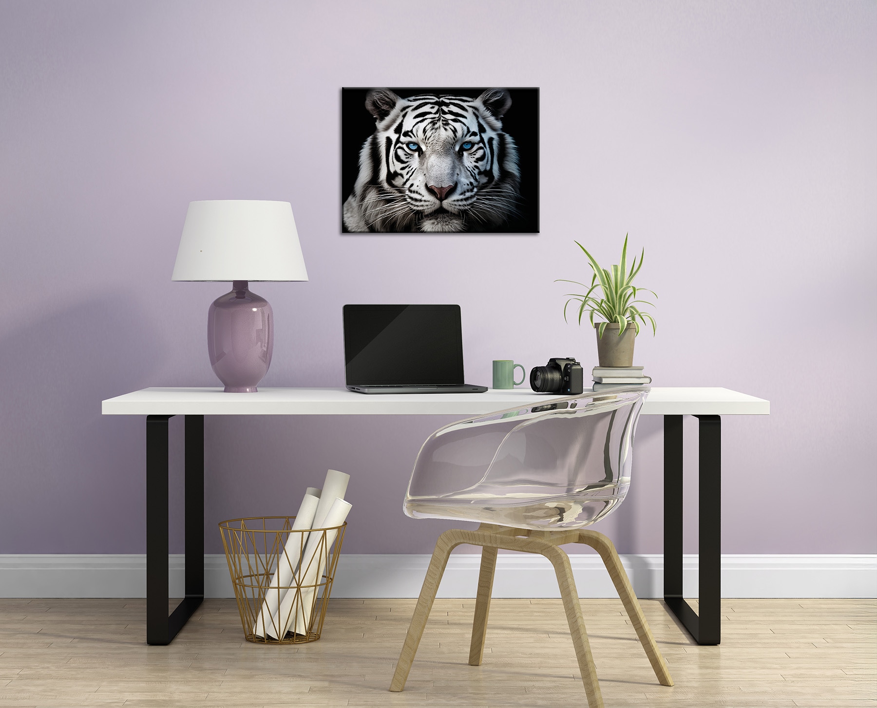 Bönninghoff Tableau sur toile »Wandbild WEISSER TIGER 46x61 cm – Leinwandbild Keilrahmen Deko modern« Animaux | Animaux sauvages | Félins | Tigre 1 cuis tlg. tendu sur châssis
