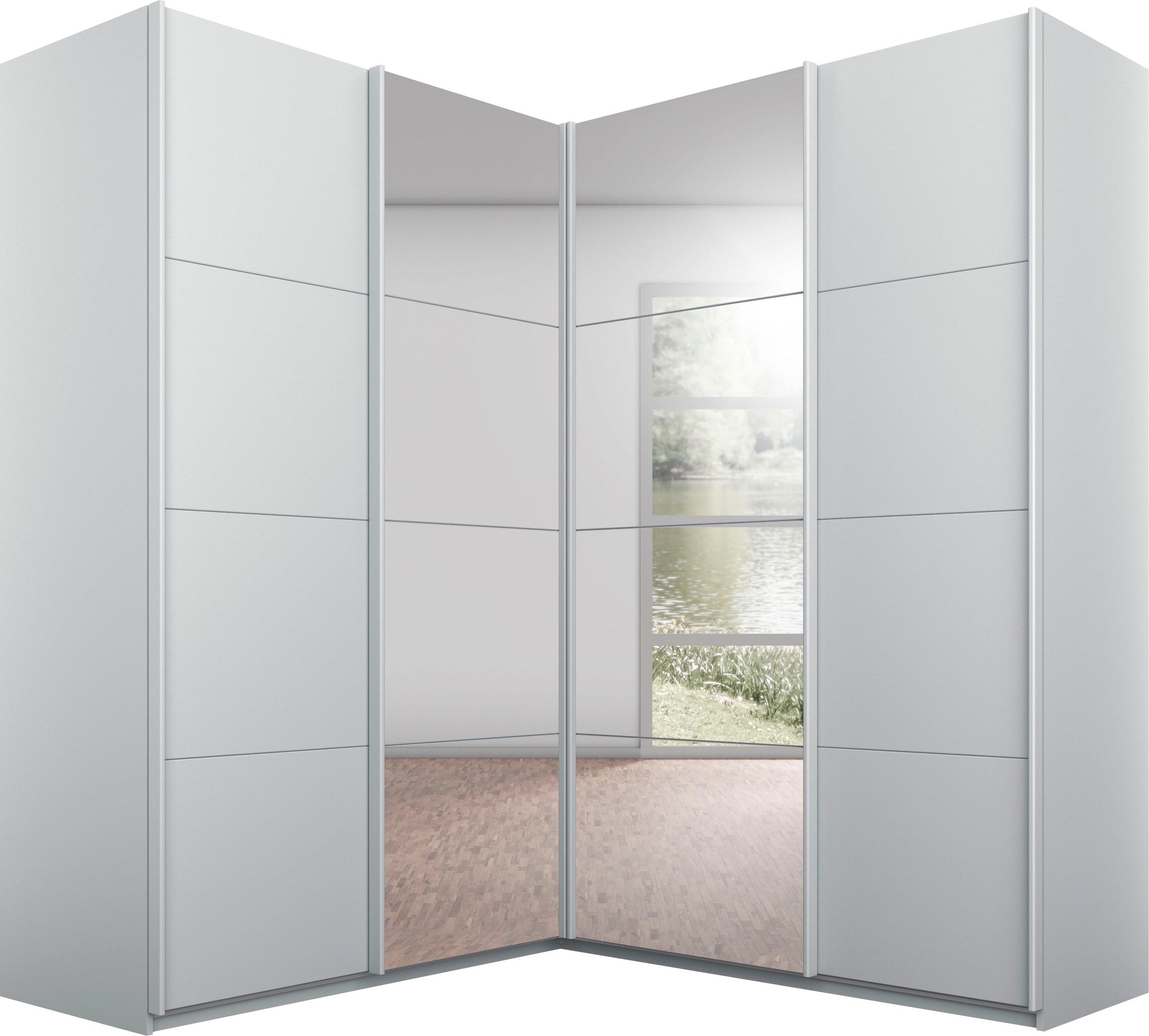 rauch Schwebetürenschrank »Schrank Garderobe Eckkleiderschrank QUADRA Front in Dekor/Hochglanz« Mass 181x187 cm, Höhen 210/229 cm, inkl. Soft-Close-Funktion,  extra grosser Eckschrank inkl. Schubladeneinsatz MADE IN GERMANY