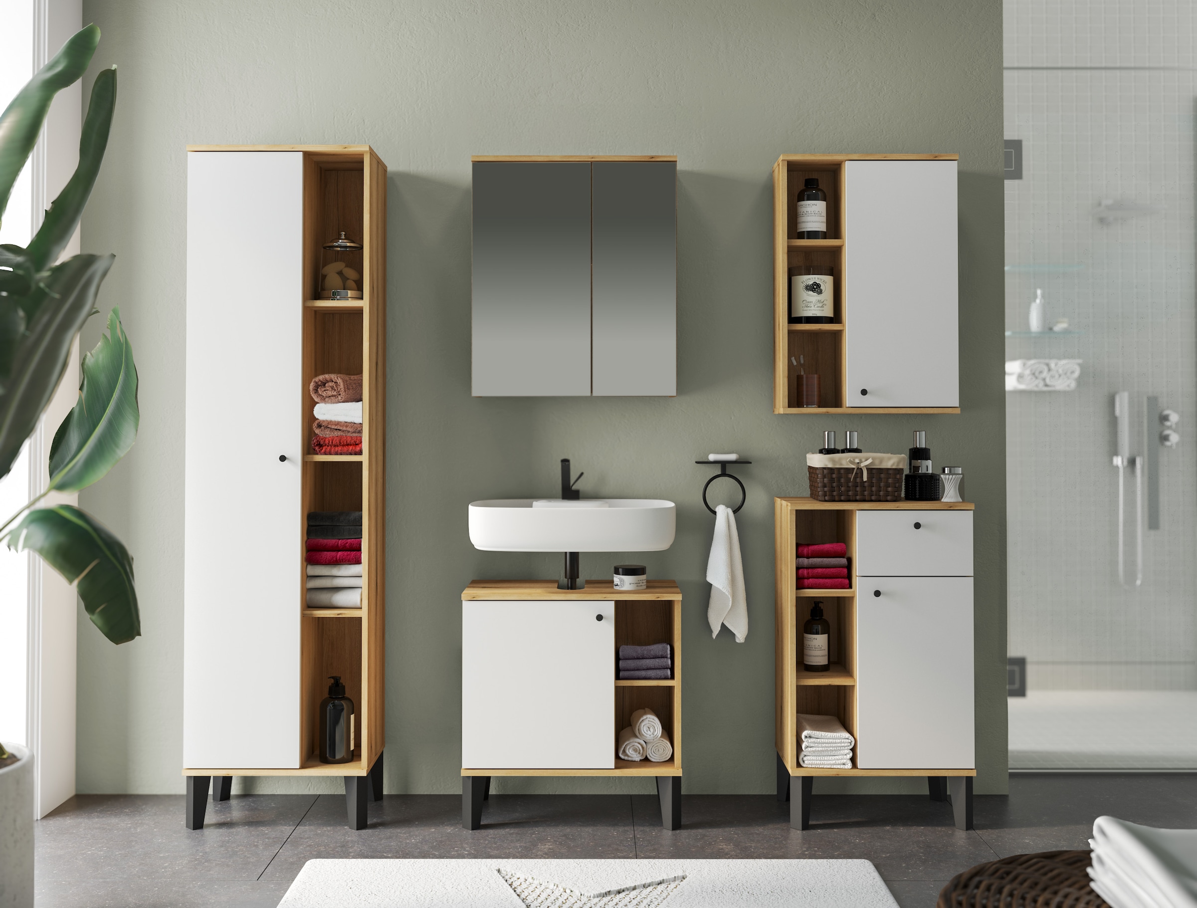 INOSIGN Armoire sous lavabo »Oslo, Waschtisch mit Knopfgriff, Badschrank im skandinavischen Design« in der Türfarbe Weiss oder Grau verfügbar, ausreichend Stauraum