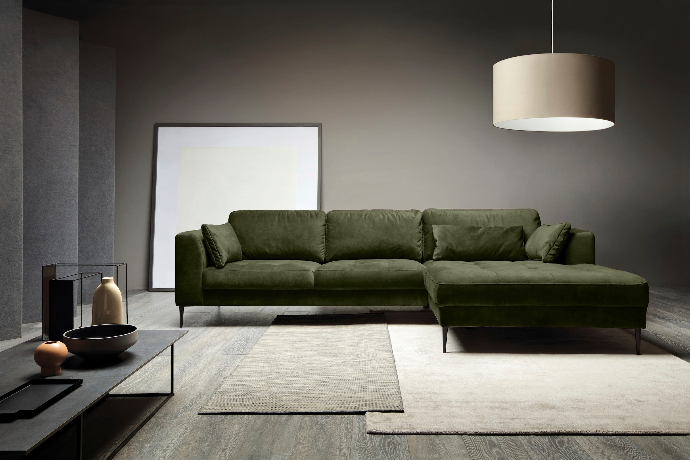 TRENDMANUFAKTUR Canapé d'angle »Luzi, wahlweise mit Schlaffunktion & Bettkasten. , L-Form« canapé design avec grand confort d'assise, pieds métal noirs, largeur 280 cm