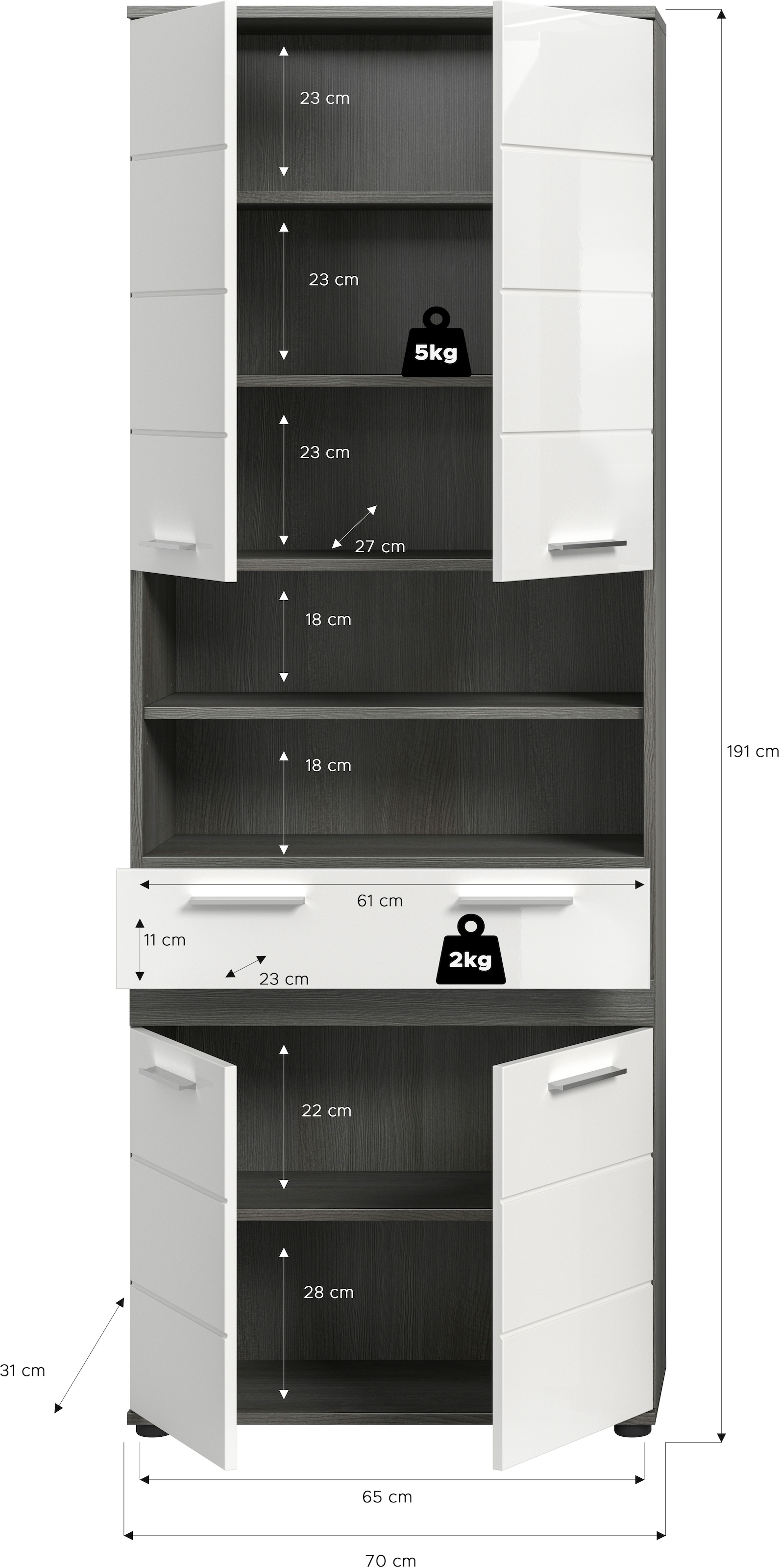 welltime Hochschrank »LUCCA, Breite 70cm, 4 Türen, 1 Schubkasten, 7 Fächer« Badschrank, Badmöbel, Badezimmer, Universalschrank, Mehrzweckschrank