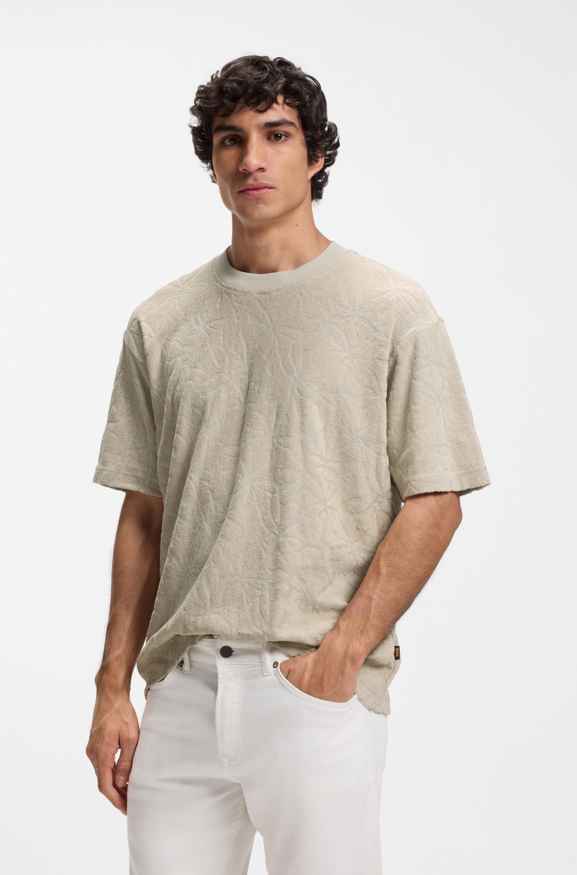 BOSS ORANGE T-Shirt florales Jacquardmuster, Baumwollfrottee, Relaxed Fit