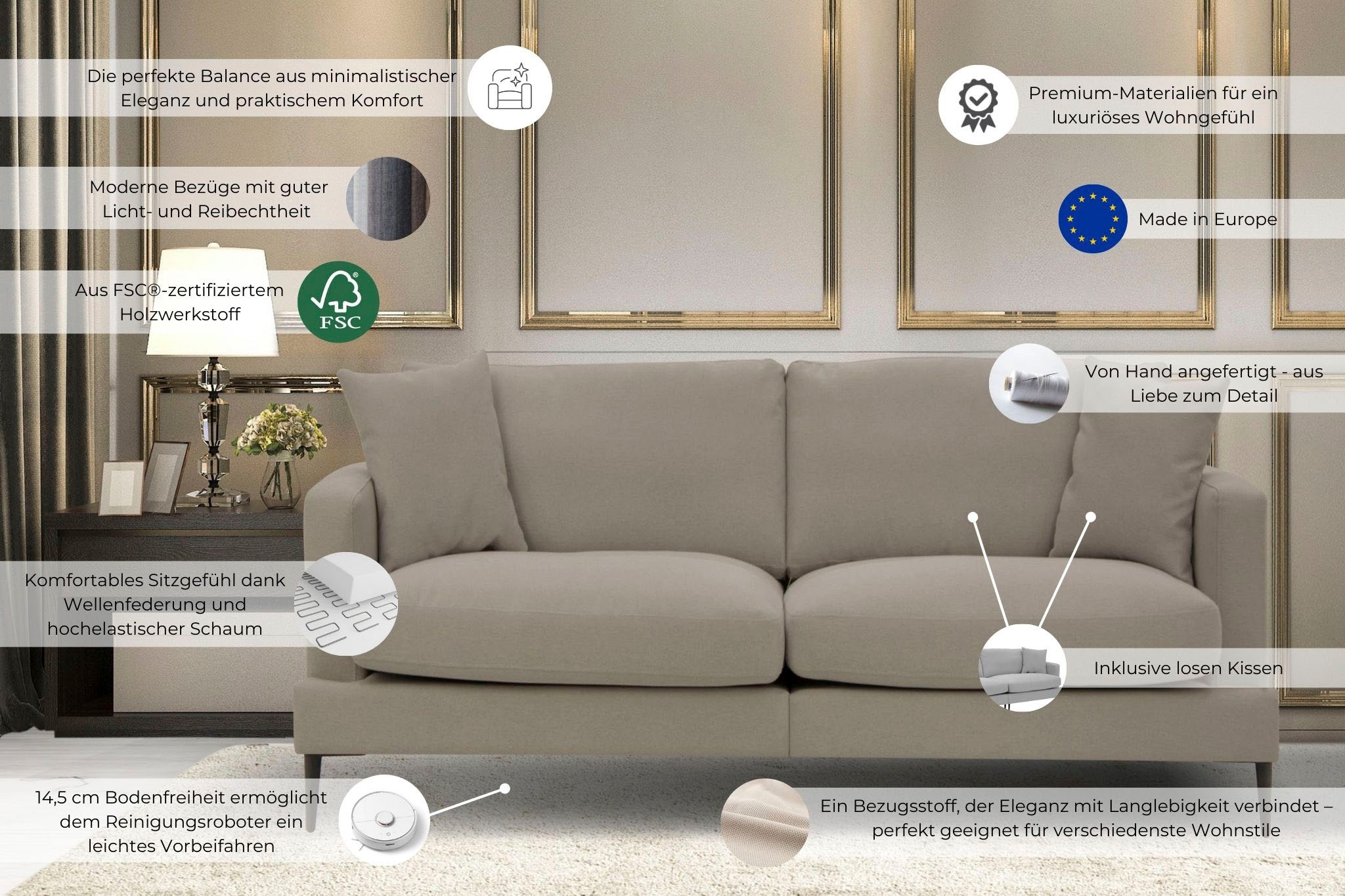 Home affaire 2-Sitzer »Cozy elegantes Designsofa, Masse B/T/H: 151/97/80 cm« mit losen Kissen und Metallbeinen