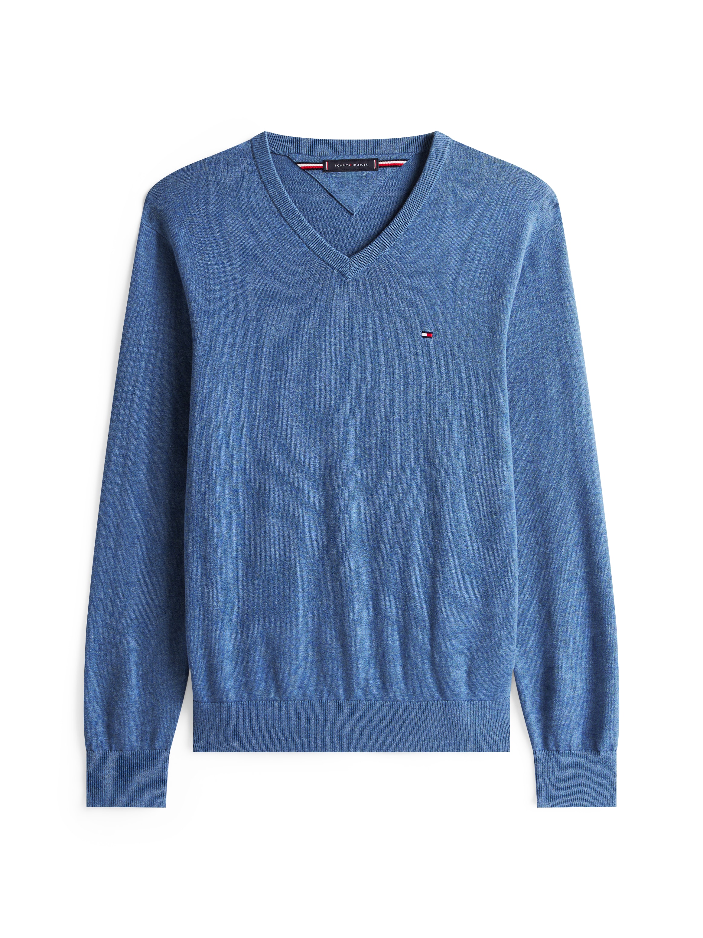 Tommy Hilfiger Pull en tricot »ESSENTIAL COTTON V NECK mit V-Ausschnitt und Stickerei« unifarben, casual, regular fit, Baumwolle, V-Ausschnitt