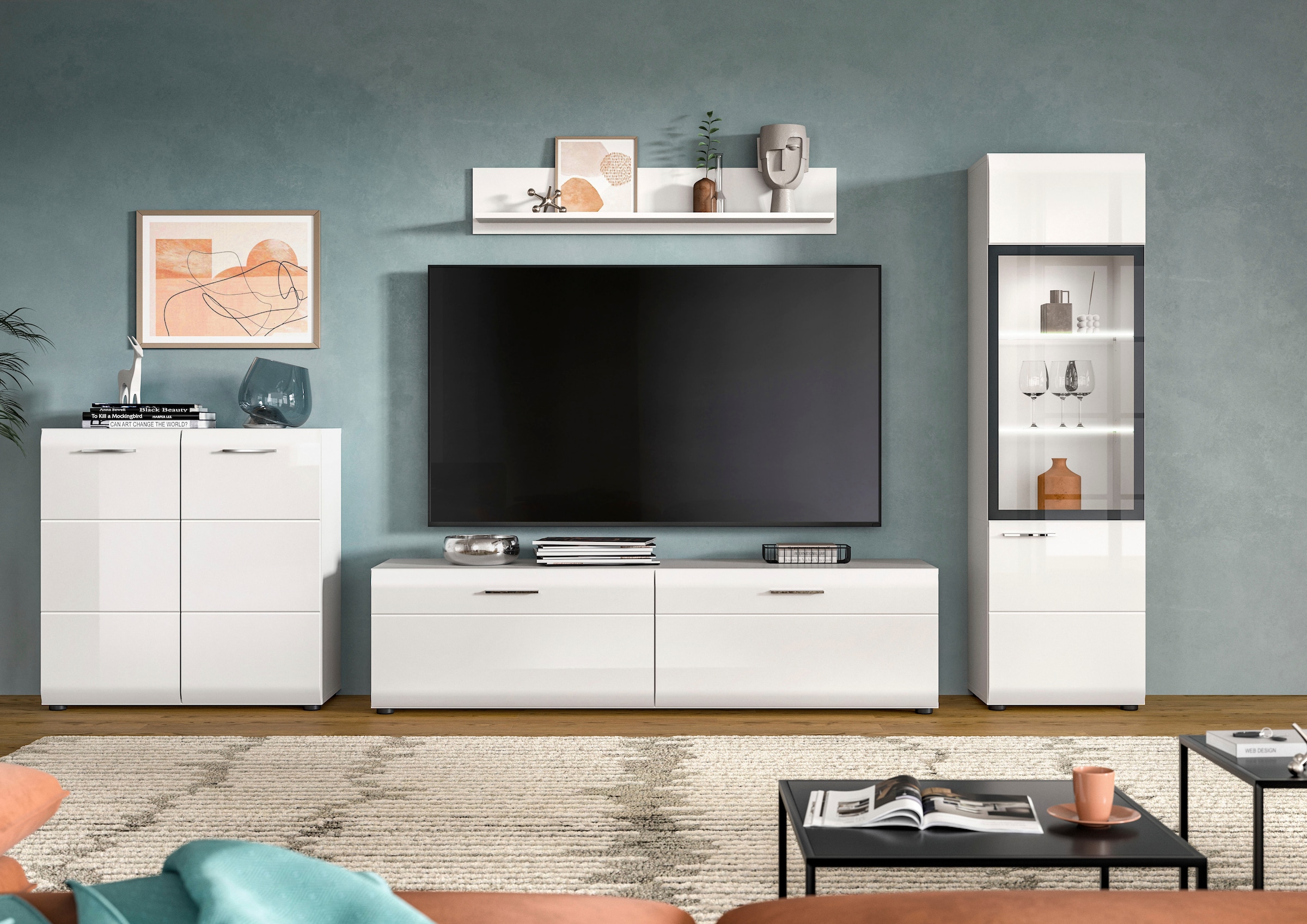 Home affaire Meuble mural »FLORENZ, 4-teilige Wohn-Kombination, hochwertige MDF-Front« Set, Set, best. aus: 1 Kommode, 1 Lowboard, 1 Vitrine, 1 Wandboard, 4 cuis tlg.