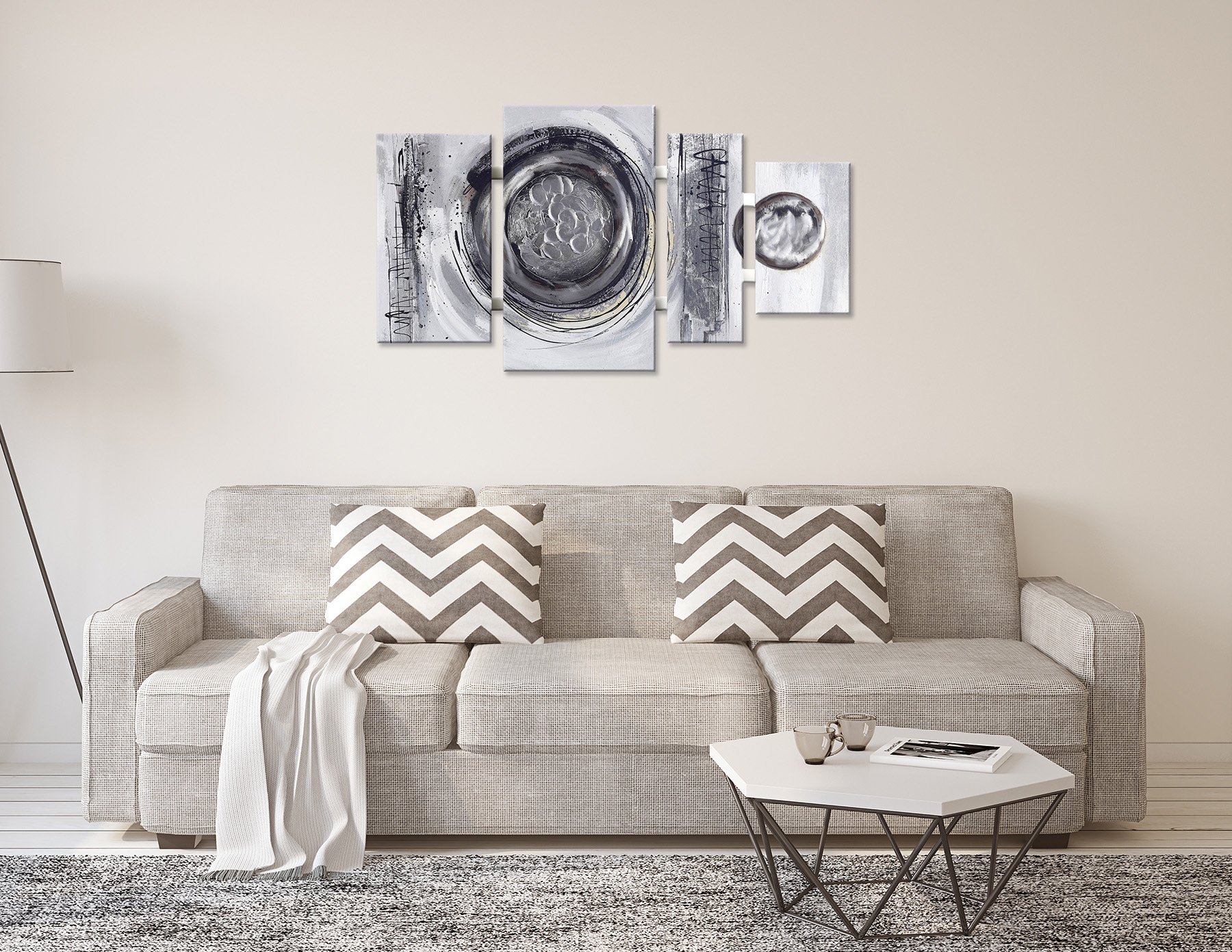 Bönninghoff Peinture à l'huile »handarbeit 4-teilig KREISE GRAU 70x124 cm – Wandbild Deko« Abstrait | Abstrait | Art | Formes | Tableau 1 cuis tlg. fabriqué à la main, chaque image est unique