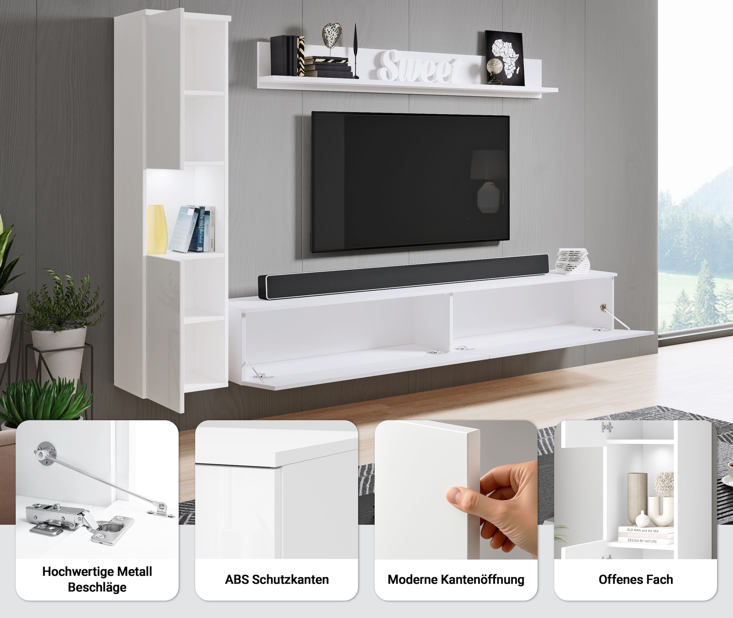 GOODproduct Wohnwand »PARIS, Vitrine Türanschlag links/rechts wechselbar« Komplett-Set, 3 Stk. tlg.