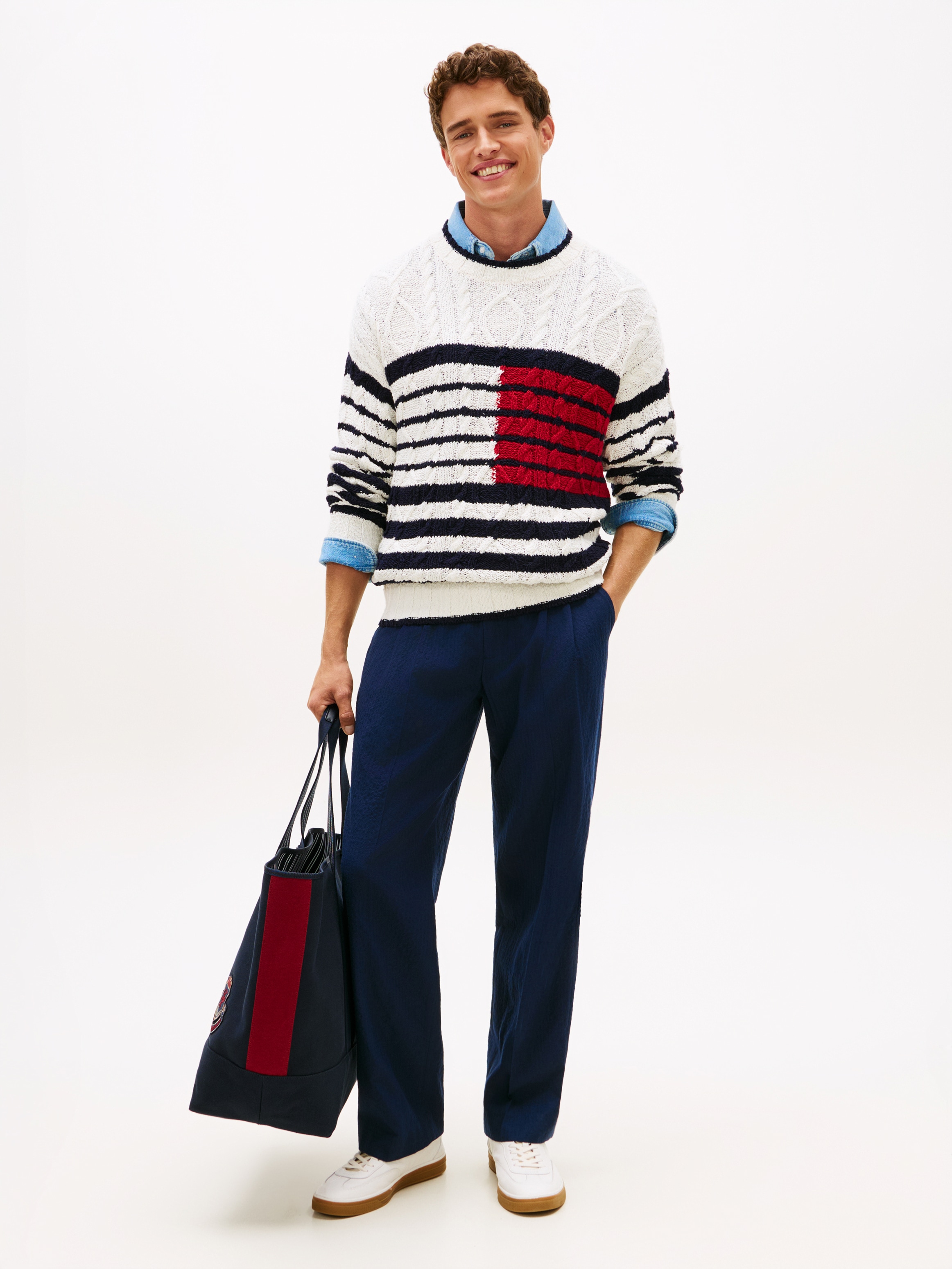 Tommy Hilfiger Pull en tricot »BRETON FLAG CABLE« Regular fit mit Rundhalsausschnitt
