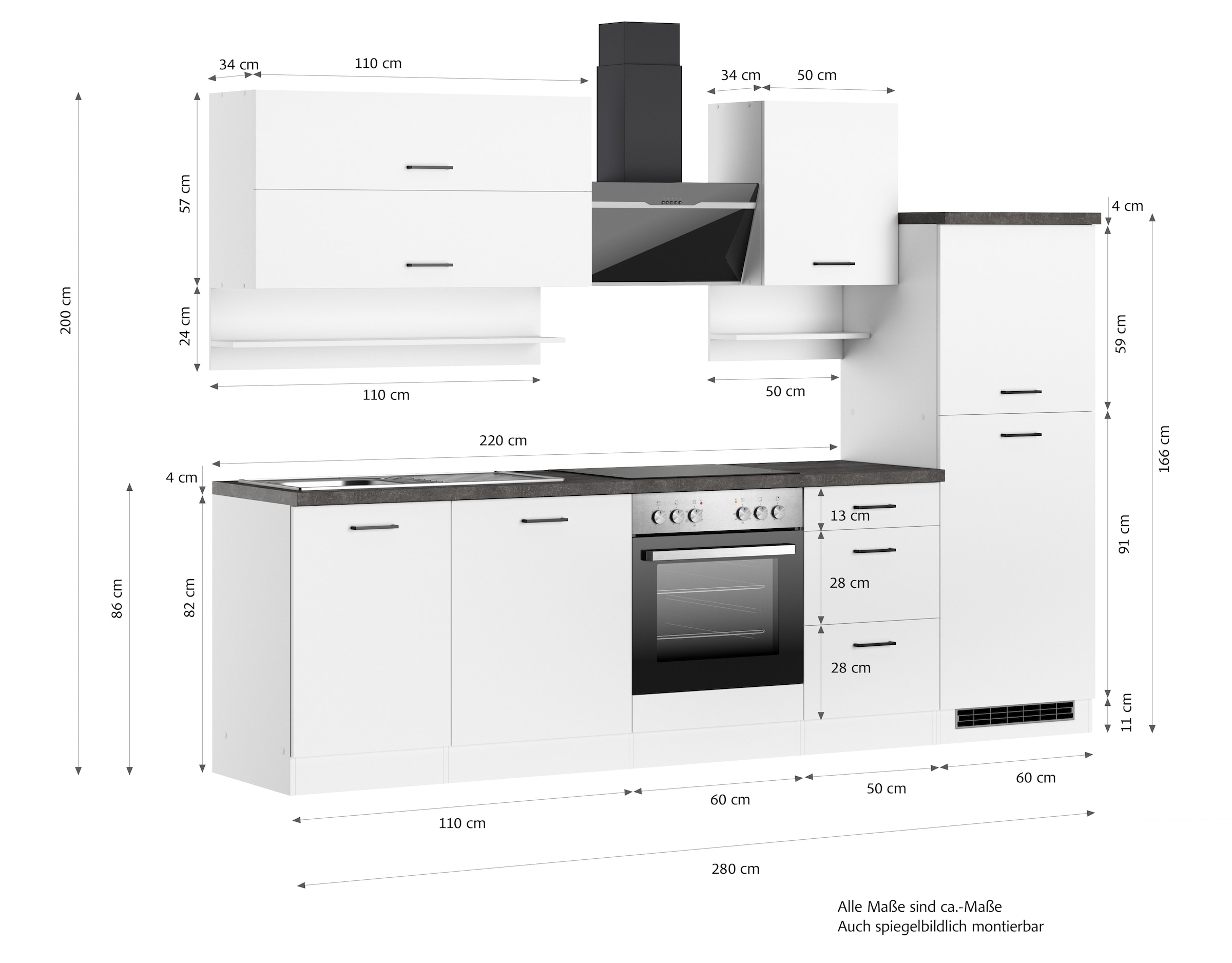 KOCHSTATION Kitchenette »KS-Frieda Breite 280 cm« au choix avec appareils électriques, avec plan de travail épais de 38mm