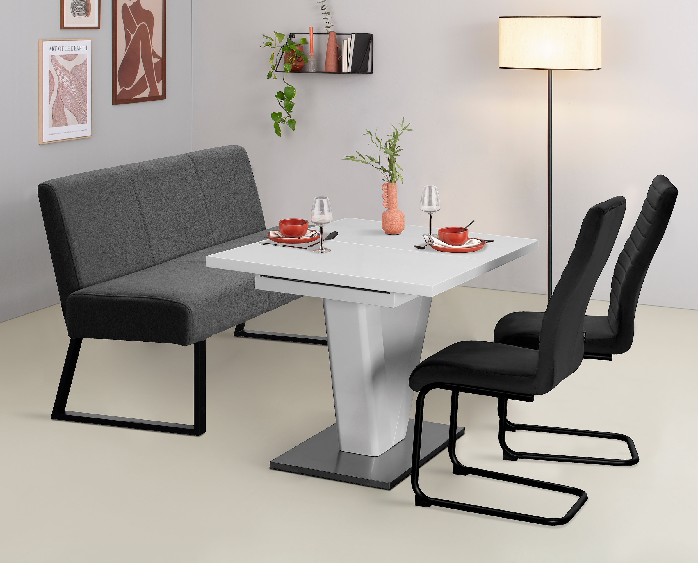 GOODproduct Banc rembourré »Gladio,« Banquette de salle à manger, banquette, banc,  avec ressorts ensachés, structure métal noir, largeur 148 cm
