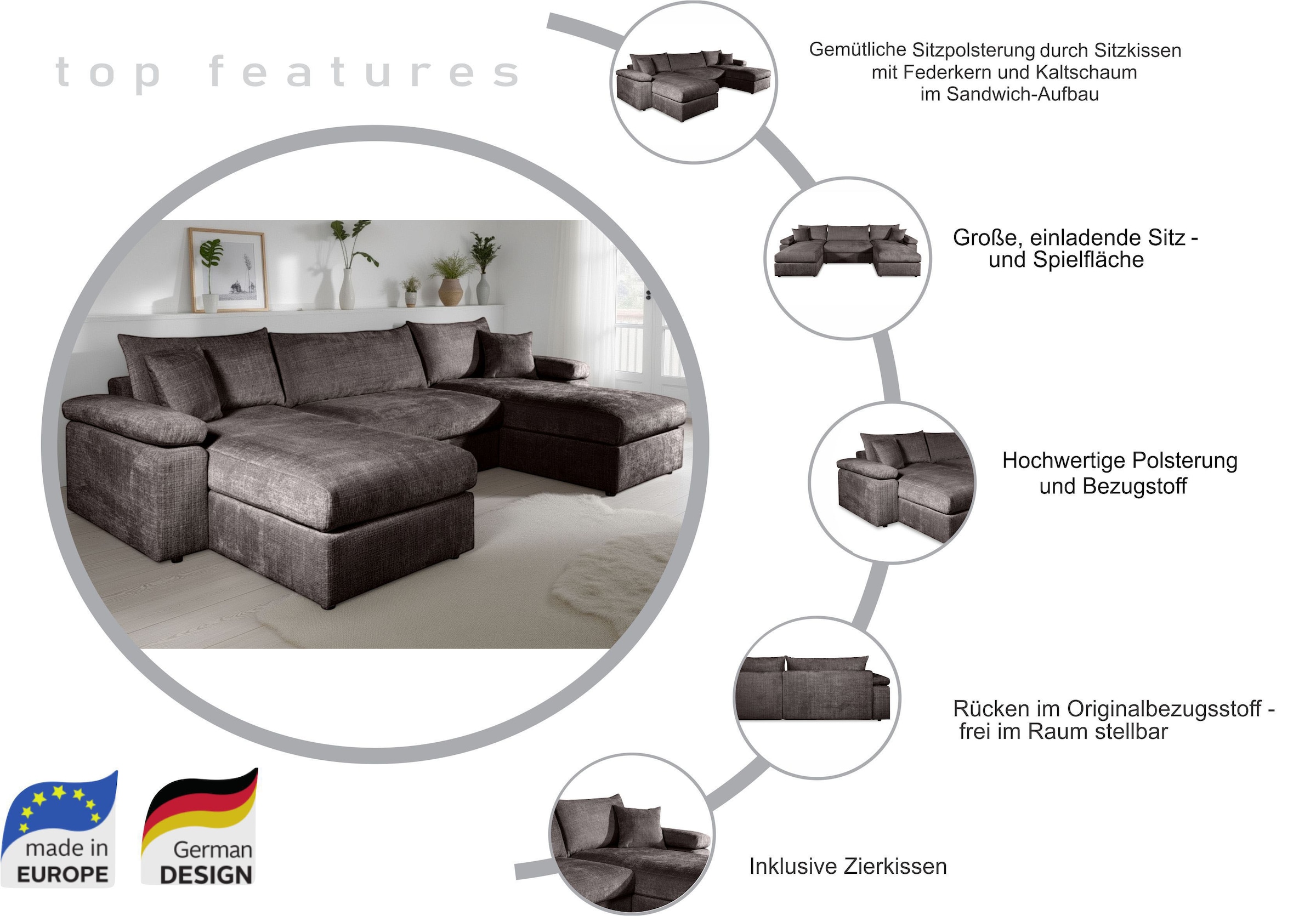 COLLECTION AB Wohnlandschaft »Cosy U-From, Breite 309 cm« mit 2 Ottomane, Sitzaufbau im Sanwich-Federkern mit Kaltschaumauflage