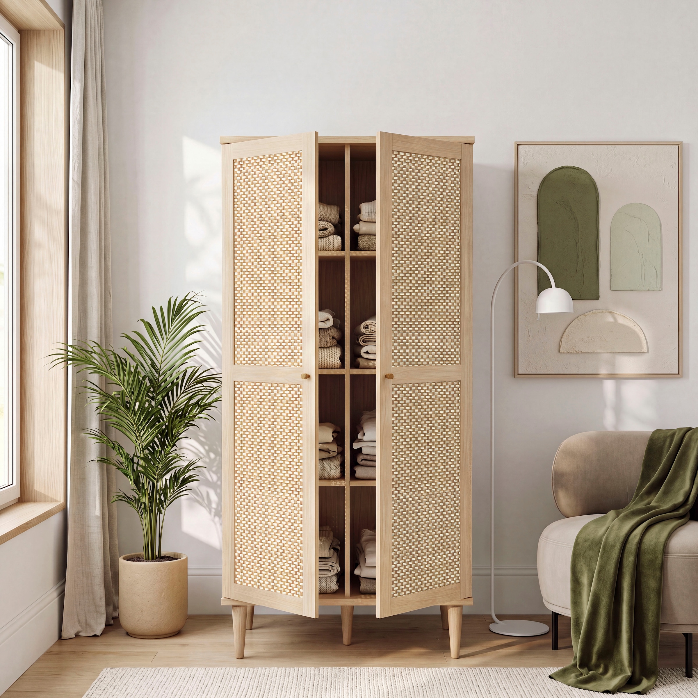 GOODproduct Kleiderschrank »ELLIAN, Kinderzimmerschrank, Rattan, Wiener Geflecht, 80cm breit« Boho-Stil, Holzfüsse, Metallgriffe, Made in EU, viel Stauraum, FSC®
