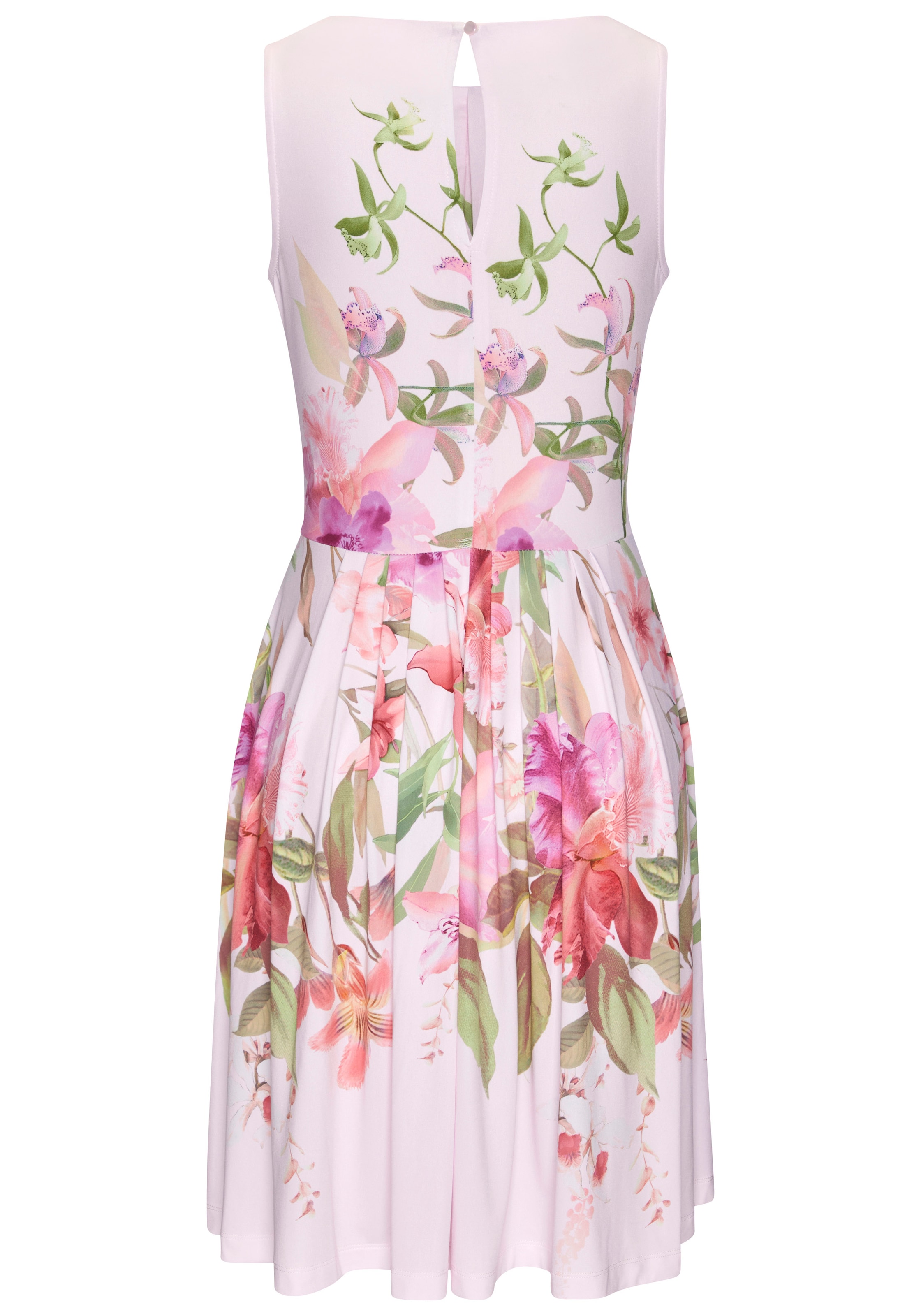 LASCANA Robe d'été »aus glatter bügelfreier Ware mit Blumendruck« Cocktailkleid, Sommerkleid mit Spitzeneinsatz, Jerseykleid, festlich