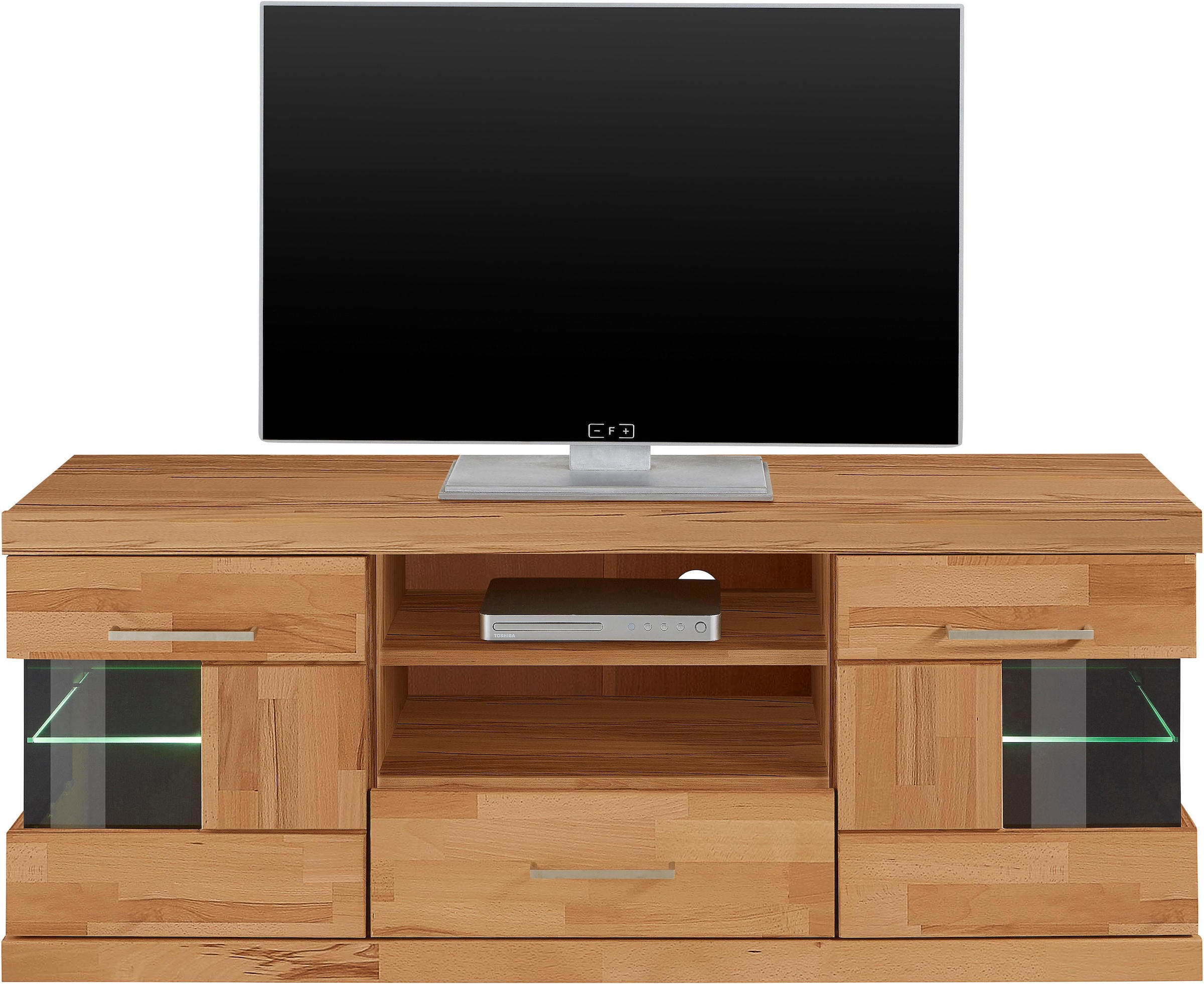 GOODproduct Lowboard »Ribe,140cm breit, Fronten Massivholz,6 Fächer,Kabeldurchführung« Korpus Holzwerkstoff,Glaseinsatz aus gehärtetem Glas,Böden versetzbar