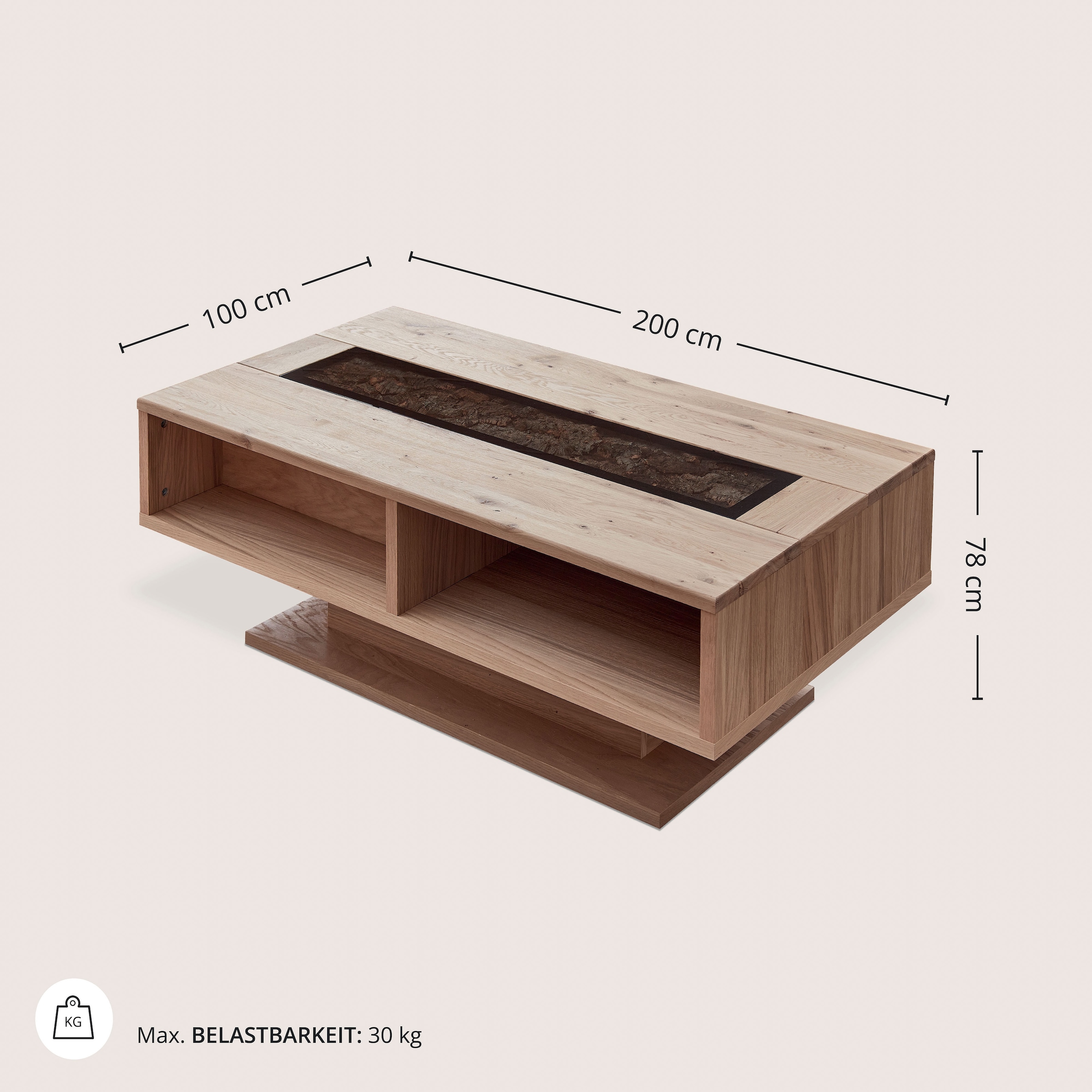 Wohnconcept Table basse »Donna Couchtisch, 115x43x65 (BxHxT)« 1 cuis tlg. Massivholz, Absetzung Echtkork gerundet, 4 offene Fächer