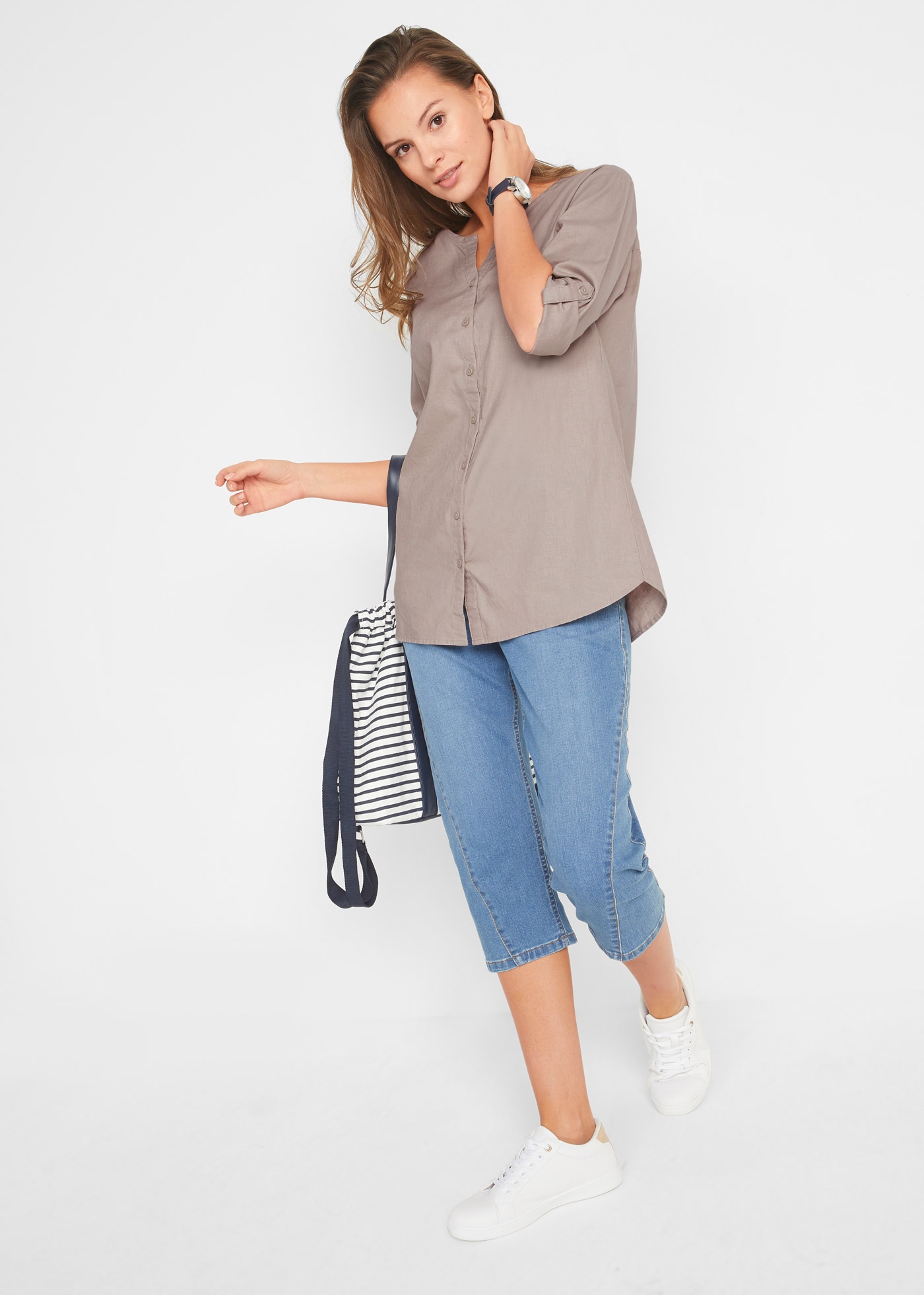 bonprix Blouse à manches longues »Bluse mit Leinen, 3/4 Arm« Regular Fit, für den Alltag, aus Leinen und Baumwolle