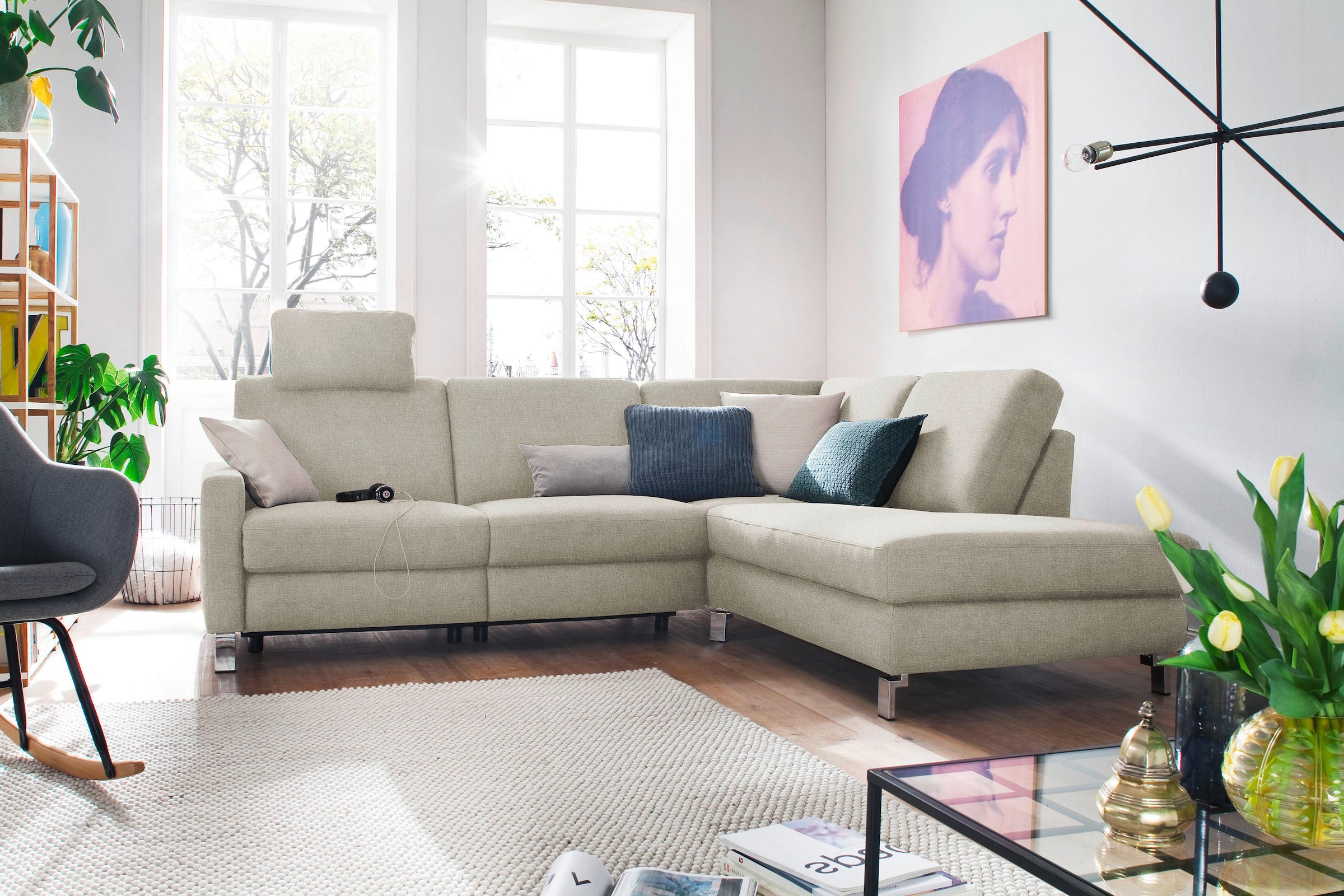 3C Candy Canapé d'angle »Mainau modern und elegant, mit gutem Sitzkomfort, Breite 257cm, L-Form« au choix avec fonction relaxation électrique, ressorts ensachés