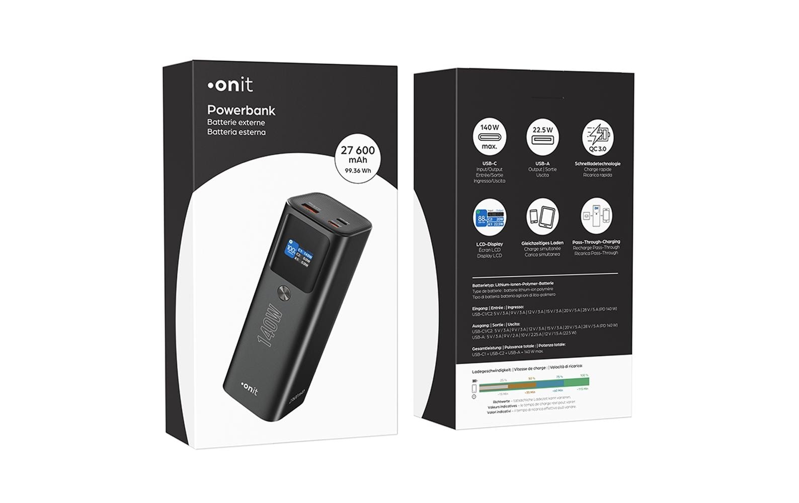 onit Powerbank »Pro Block 27600 mAh PD« 27.600 mAh Leistungsstarke Powerbank in kompaktem Design mit drei Ladeanschlüssen
