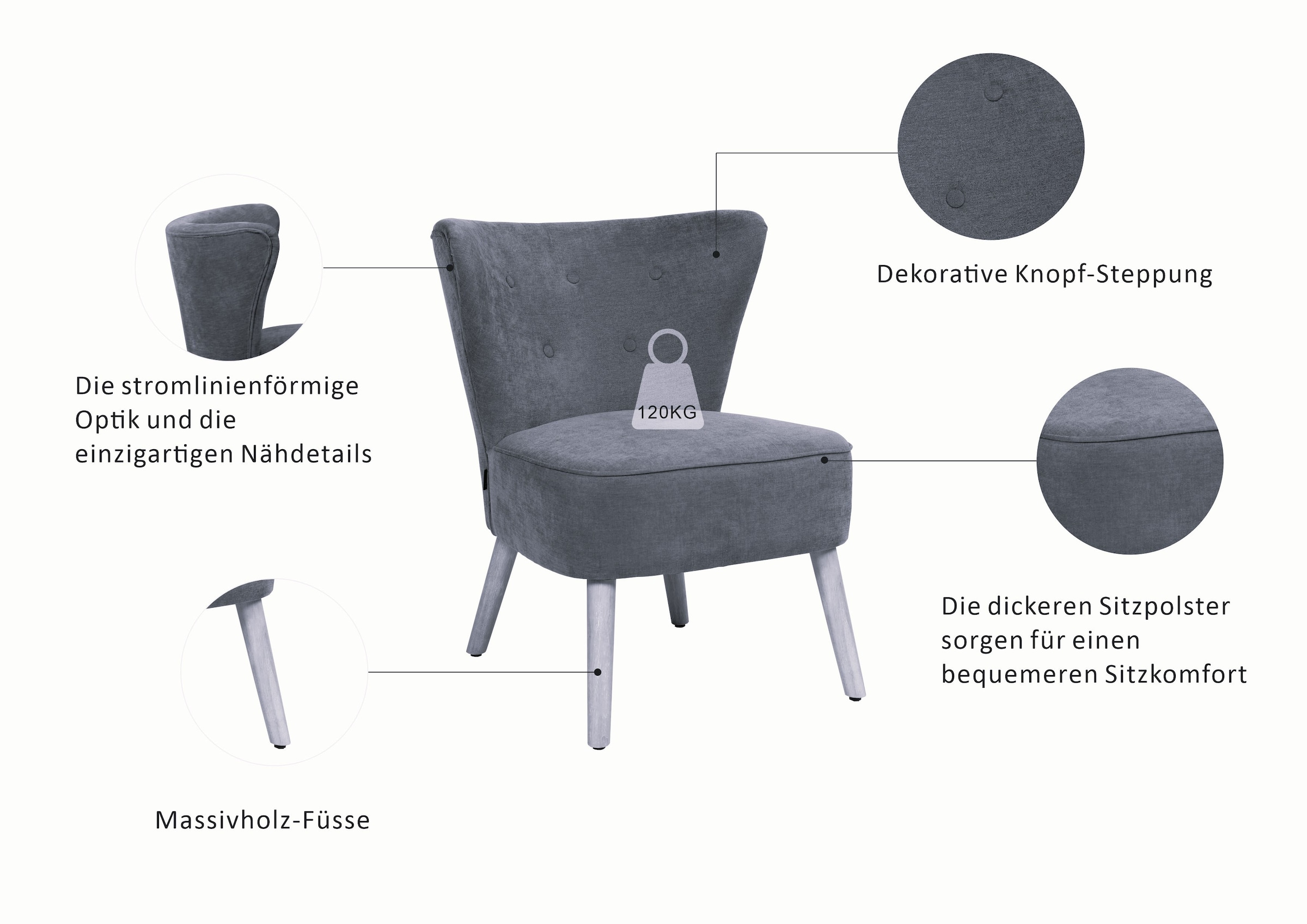 Home affaire Fauteuil lounge »JORIEL moderner Ohrensessel mit Knopfsteppung« mit Echtholzfüssen und feinem Struktur-Bezug