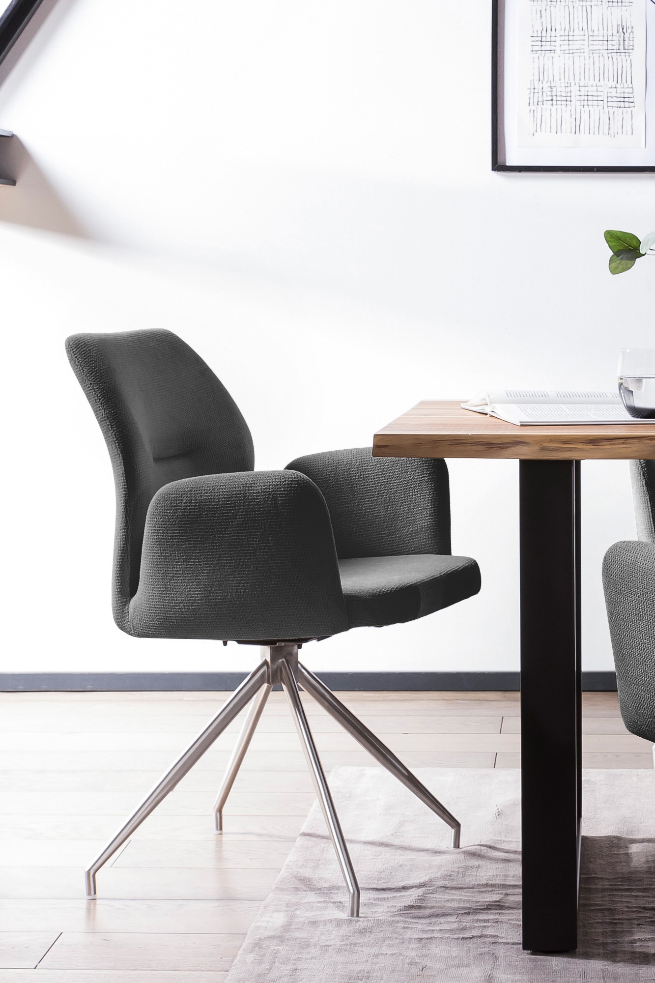 SalesFever Essgruppe »Tischgruppe für gemütliche Familienabende« Set, 5 Stk. tlg. Tischplatte mit echter Baumkante, Gestell aus rostfreiem Edelstahl