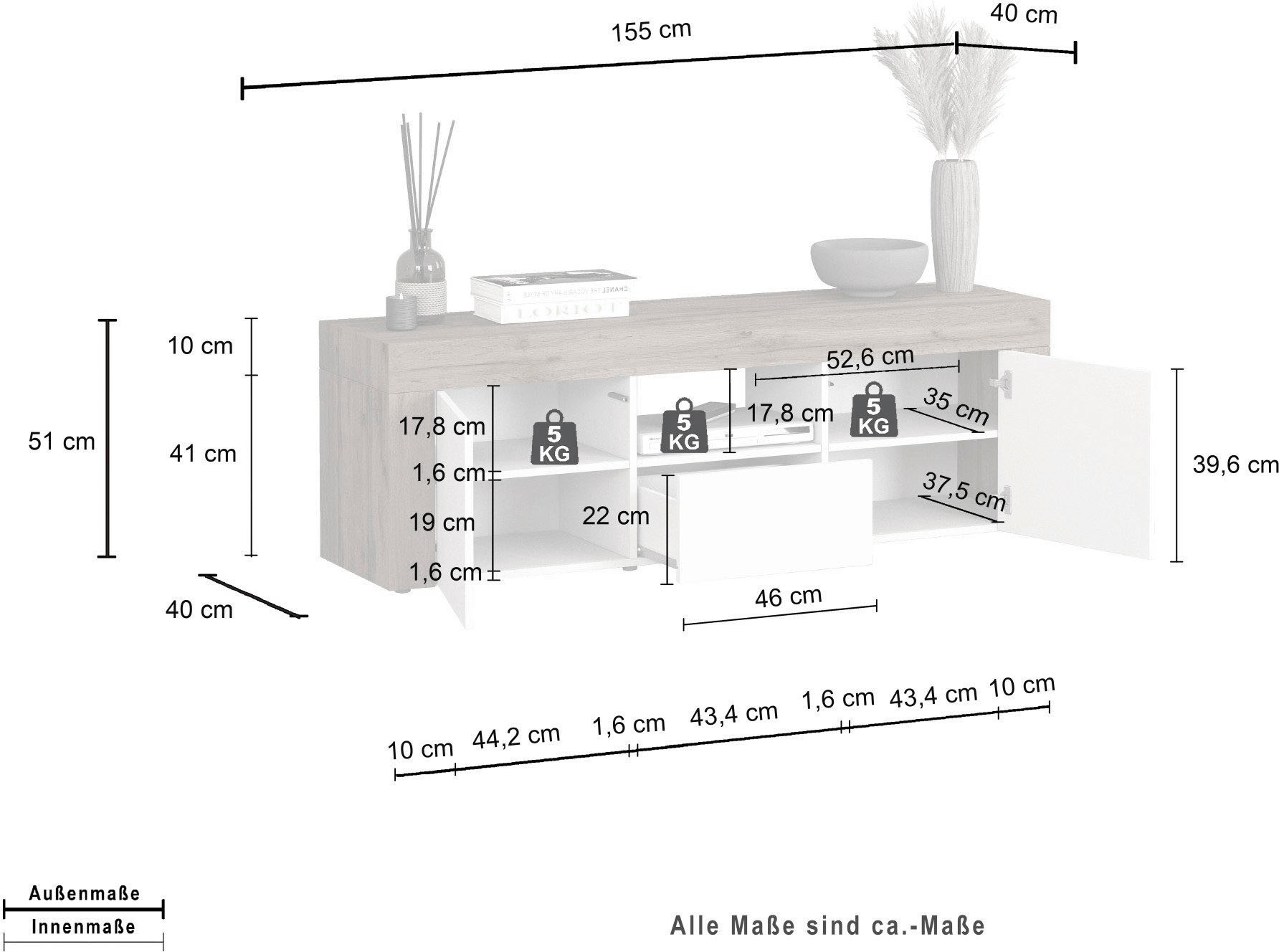 GOODproduct Lowboard »CHRONOS Breite 155 cm mit 2 Türen, 1 Schublade,1 offenes Fach« 1 Stk. tlg. TV-Board, Sideboard niedrig, Grifflos mit Push to Open 'Made in Italy'