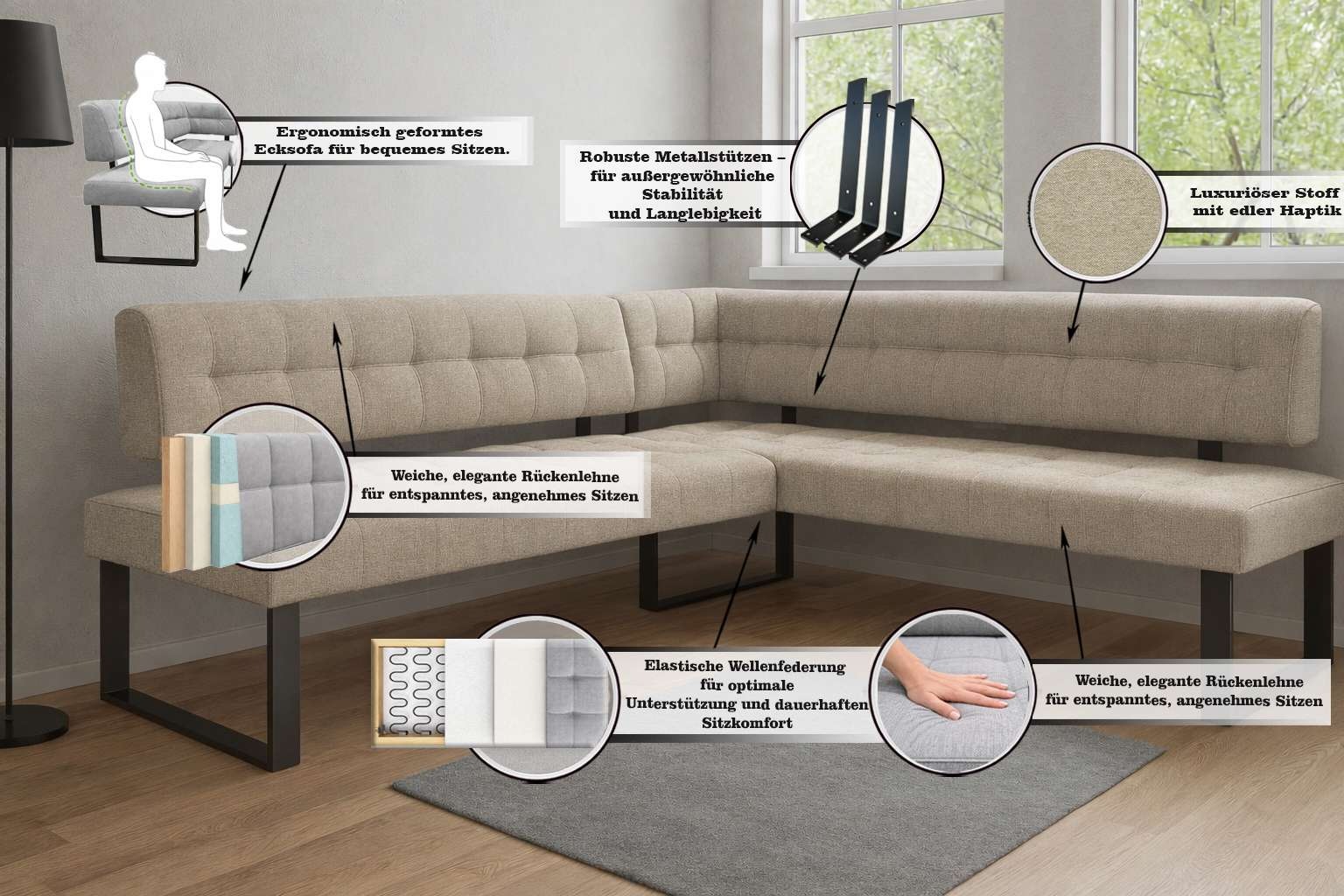 Home affaire Ensemble de bancs d'angle »Mia Essecke, Sitzgruppe, Eckbankgruppe, Küchenbankgruppe« Ensemble, 4er, 4 tlg. Eckbank mit Wellenfederung; Tisch in Eiche massiv