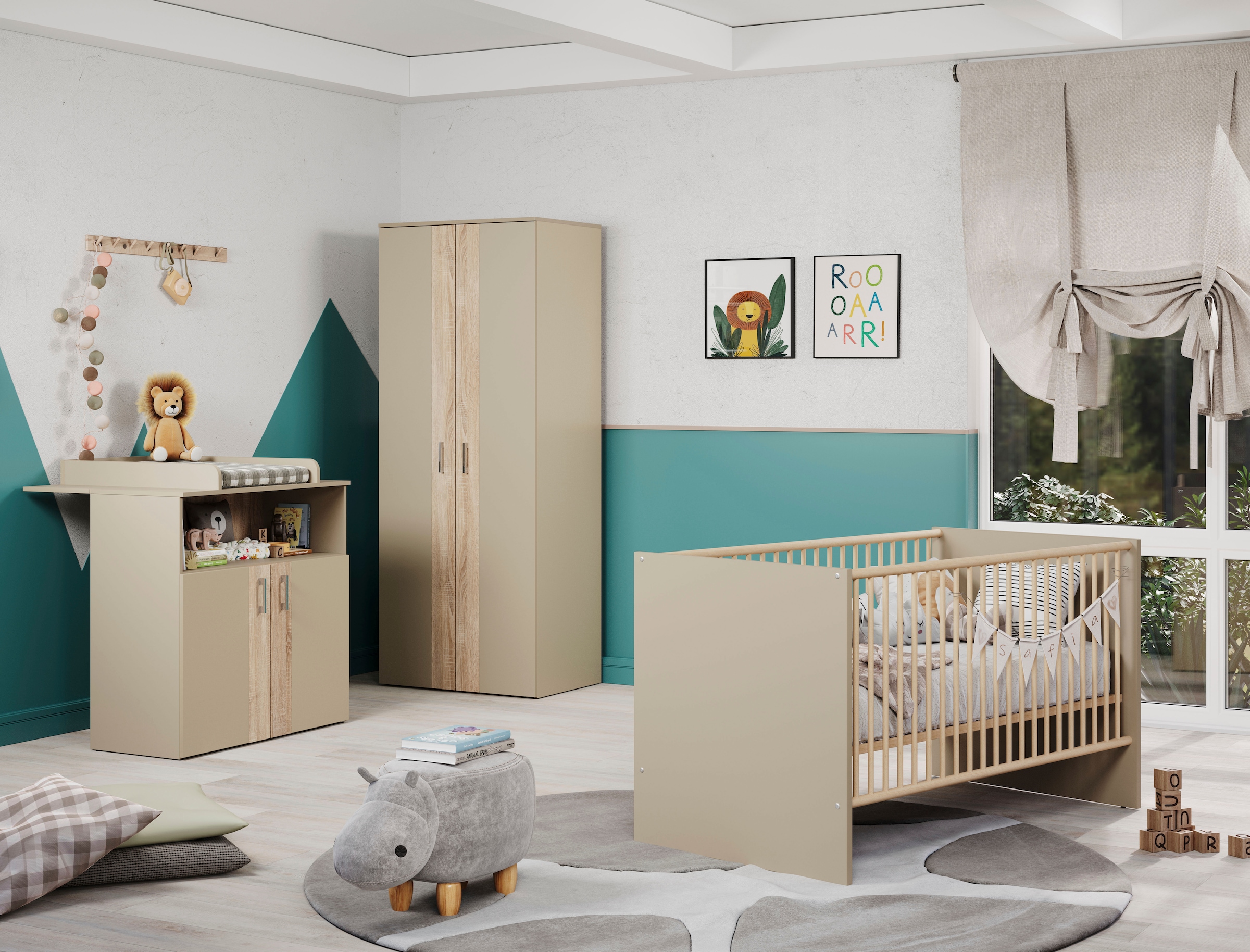 trendteam Babymöbel-Set »Beja« Set, 3 tlg. Gitterbett, Wickelkommode und Kleiderschrank - silberfarbene Griffe
