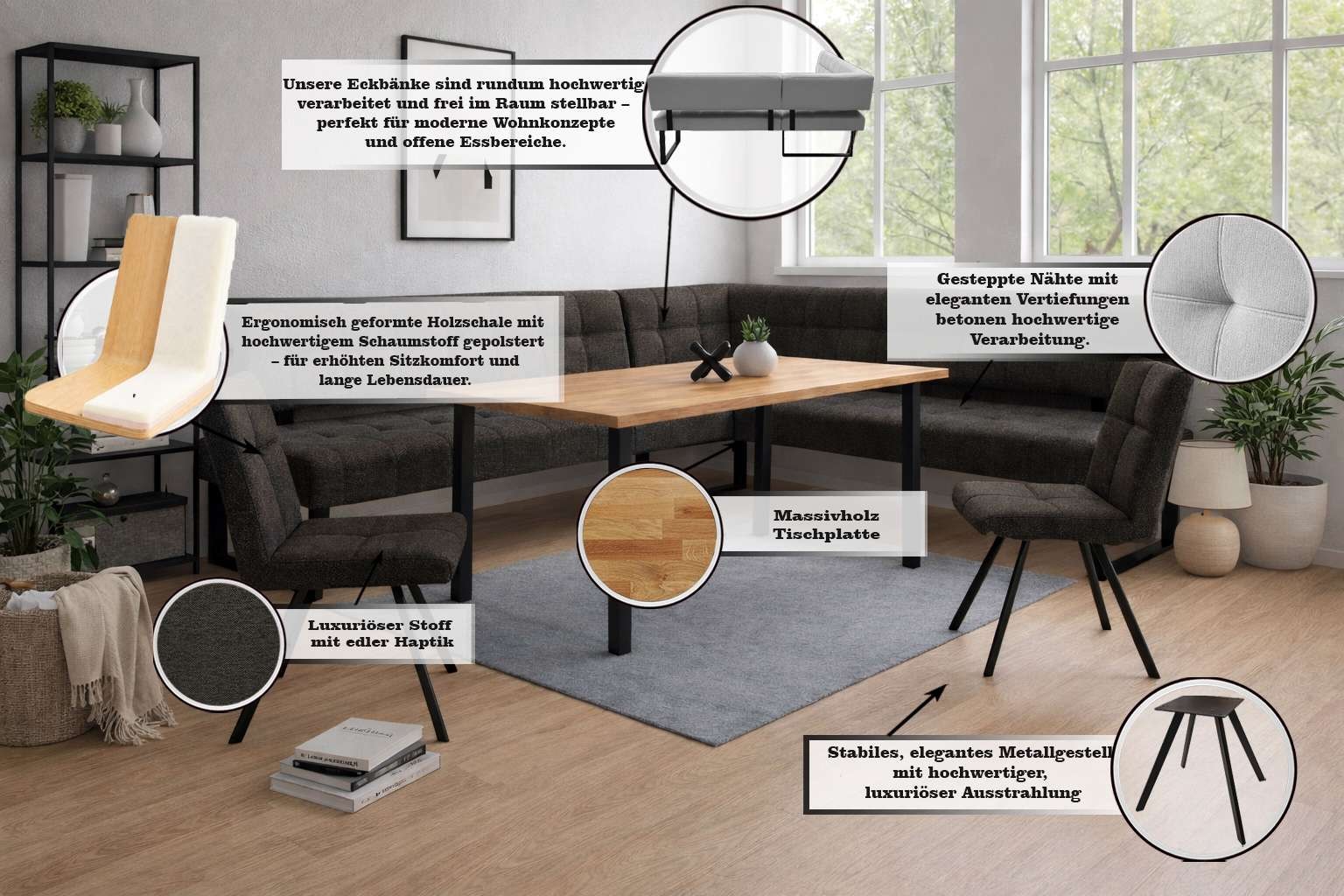 Home affaire Eckbankgruppe »Mia Essecke, Sitzgruppe, Eckbankgruppe, Küchenbankgruppe« Set, 4er, 4 tlg. Eckbank mit Wellenfederung; Tisch in Eiche massiv