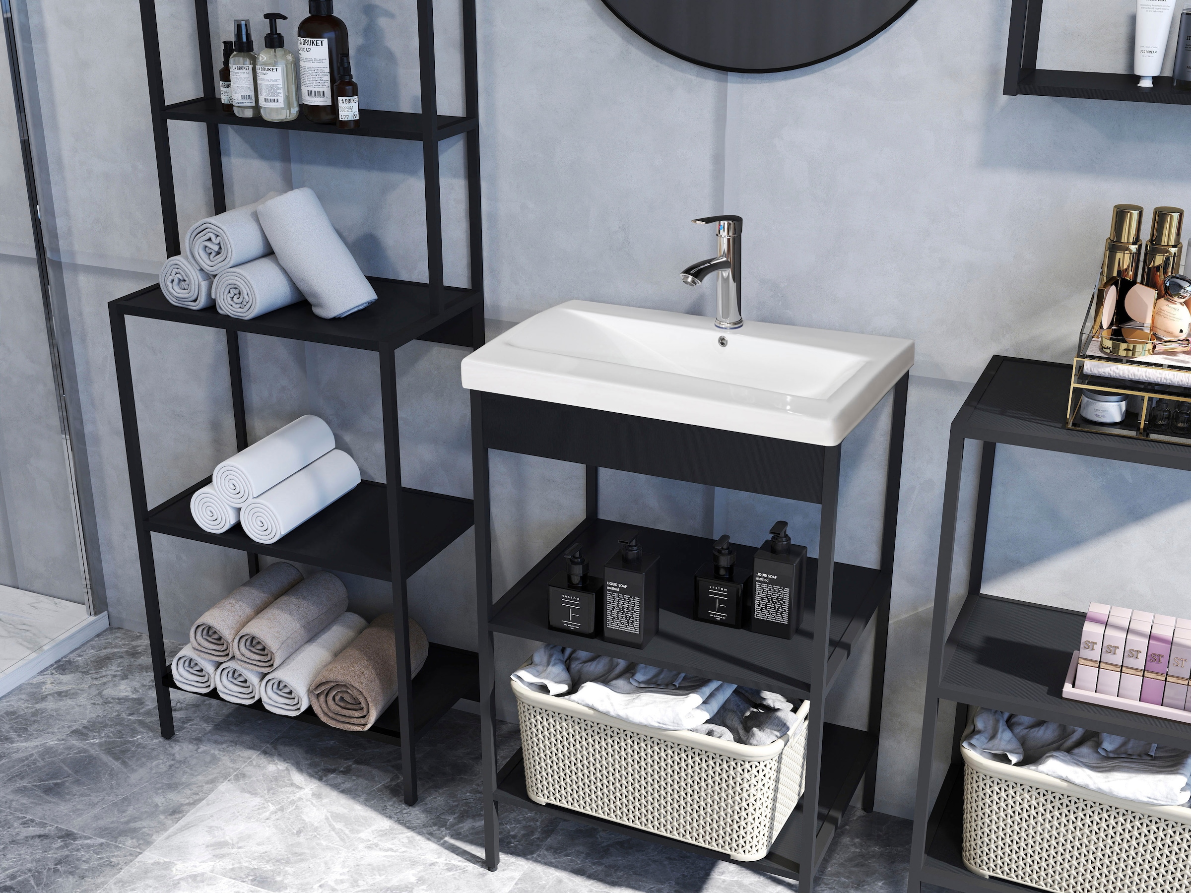 welltime Étagère de salle de bain »Lodi« 1 cuis tlg. Hochregal mit Metallrahmen, 6 Böden - (B/T/H) 51/30/190 cm