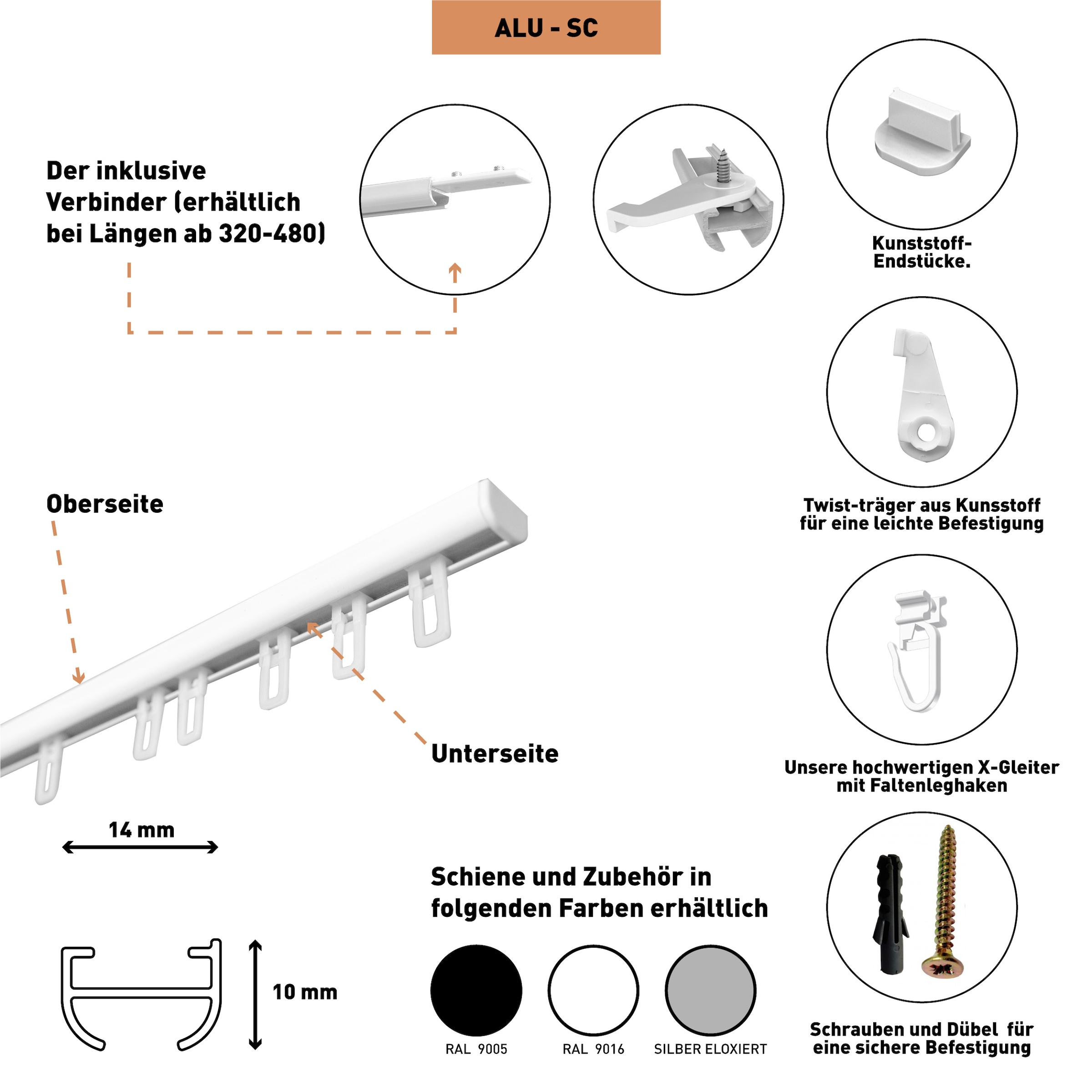 SN DECO GROUP Gardinenschiene »Objektschiene SC« 1 läufig-läufig Fixmass erhältlich in versch. Längen und Farben, Innenlauf, Vorlangschiene