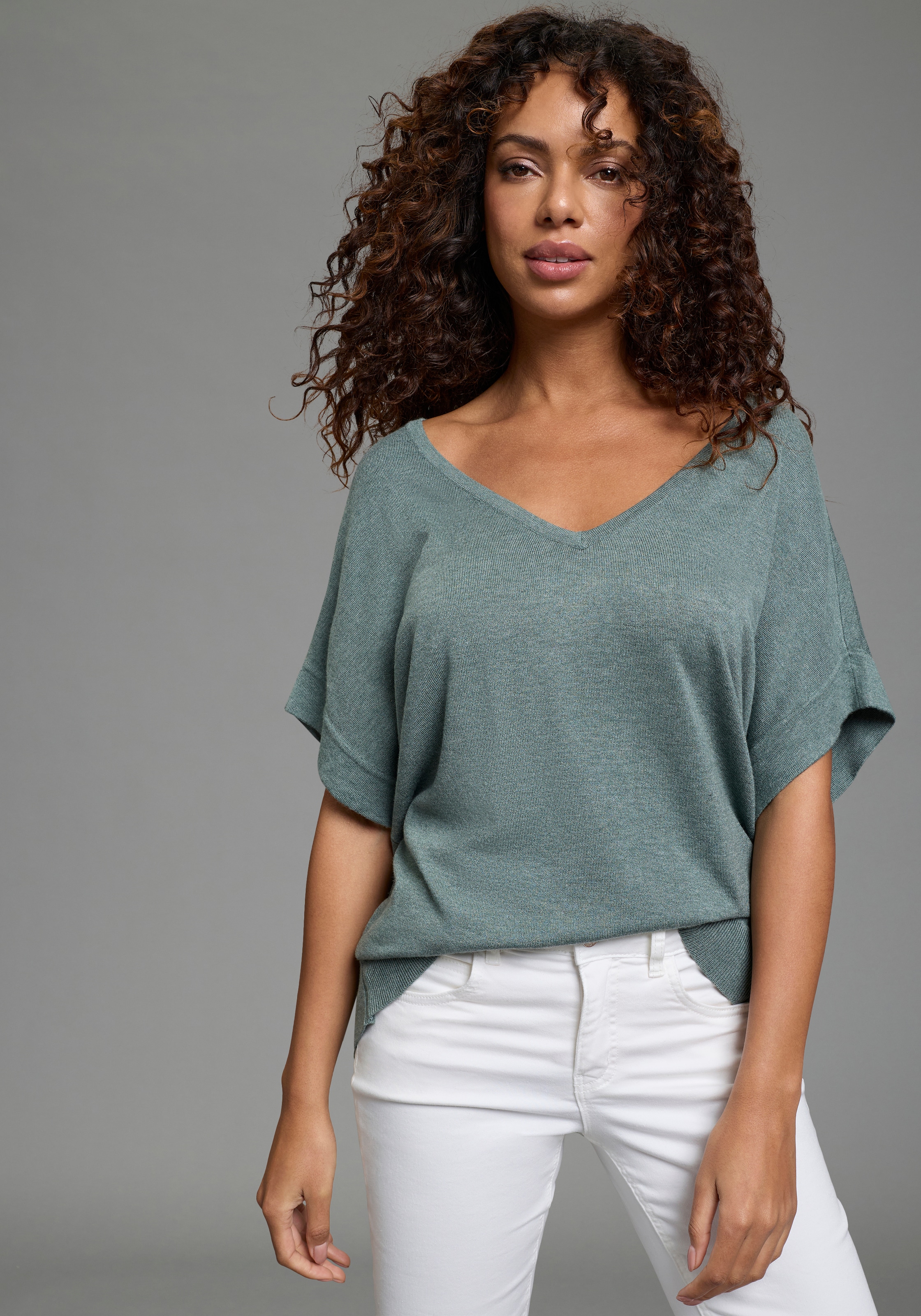 Laura Scott CURVE Pull col V sommerlicher Feinstrick mit figurschmeichelnder Passform