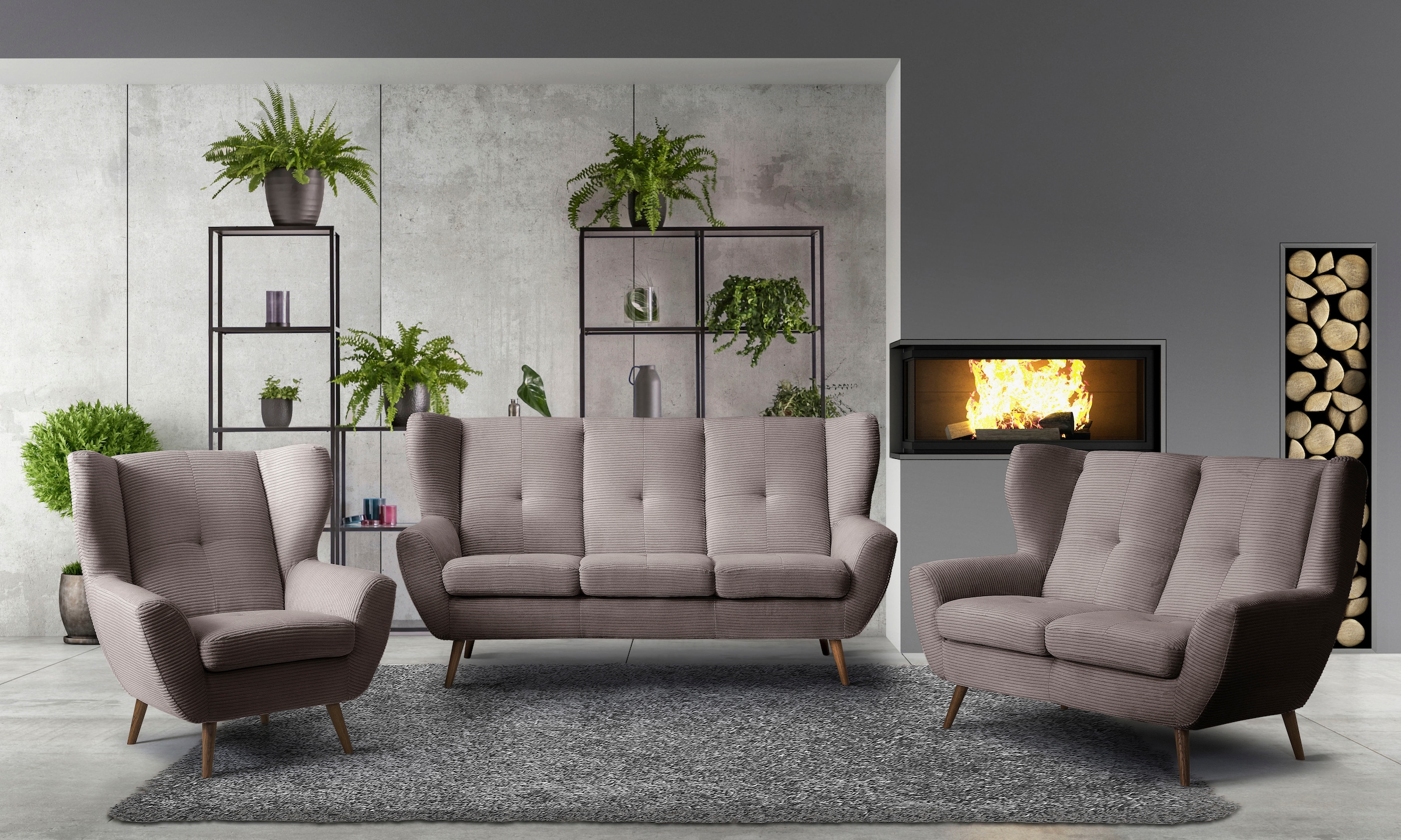 exxpo - sofa fashion 3-places »ALVESTA, Loungesofa, Küchensofa, hoher Sitzkomfort, Ohrenbackensofa« gemütliche Rückenlehne, mit Knopfheftung und hohen Holzfüssen, in Cord