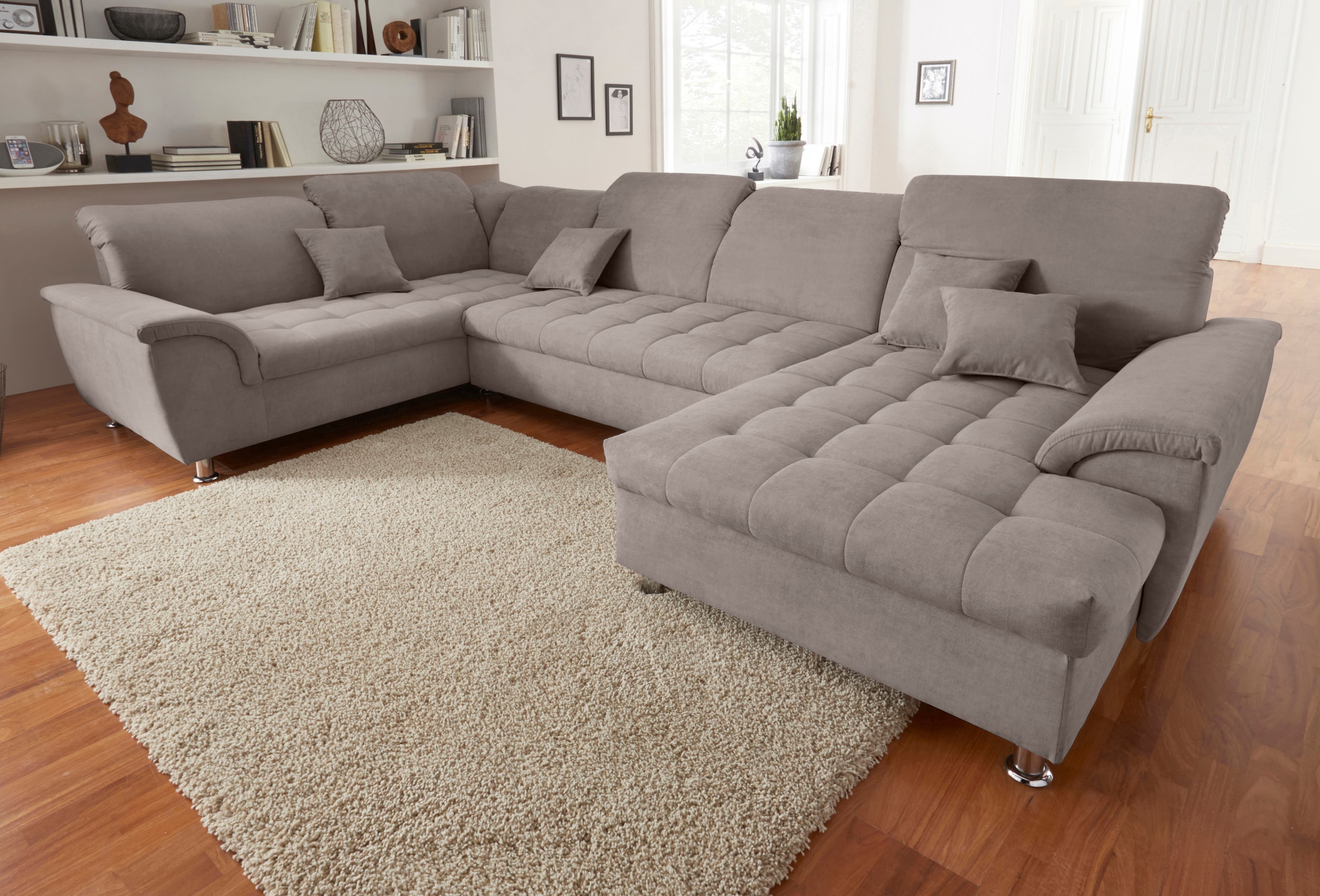 DOMO collection Wohnlandschaft »FRANZI 344x206x81 cm, elegant, komfortabel« U-Form, Recamiere rechts, taupe, B/T: 344/ 206 cm