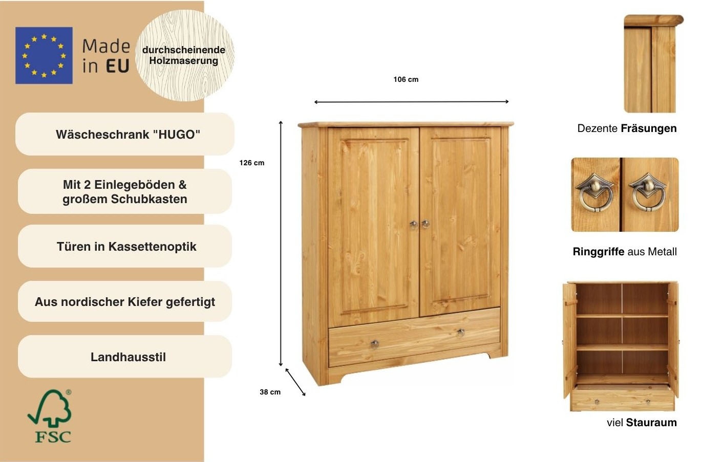 GOODproduct Wäscheschrank »Hugo, Mehrzweckschrank, FSC zertifiziert, Made in EU« (B/T/H) 106/38/126 cm,  aus massiver Kiefer, klassischer Landhausstil mit Kassettenoptik