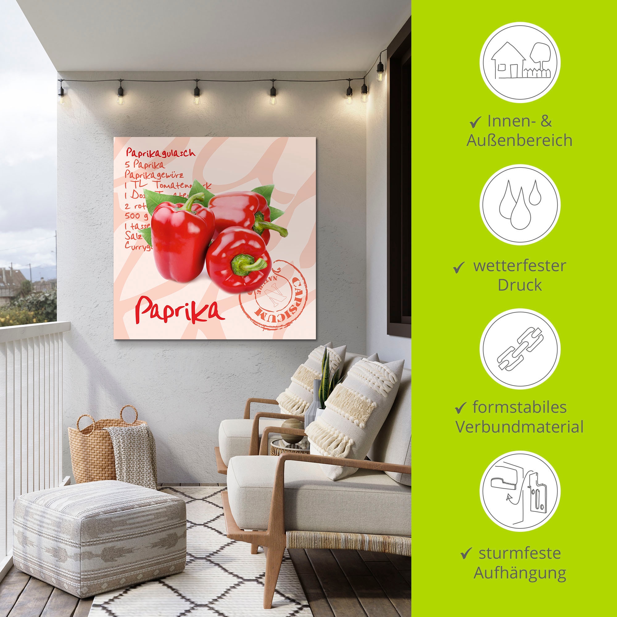 Artland Alu-Dibond-Druck »Paprika liegt auf weissen Untergrund« Lebensmittel 1 Stk. tlg. für Innen- und Aussenbereich geeignet, Outdoorbild