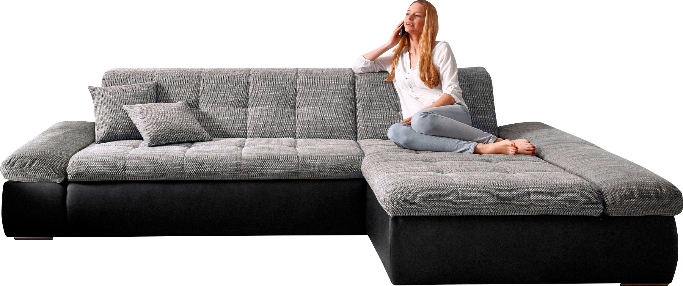 DOMO collection Canapé d'angle »MORIC 300x172 cm, XXL-Sofa mit viel Platz, L-Form, auch in Cord« au choix avec fonction lit et réglage des accoudoirs, noir-blanc-gris