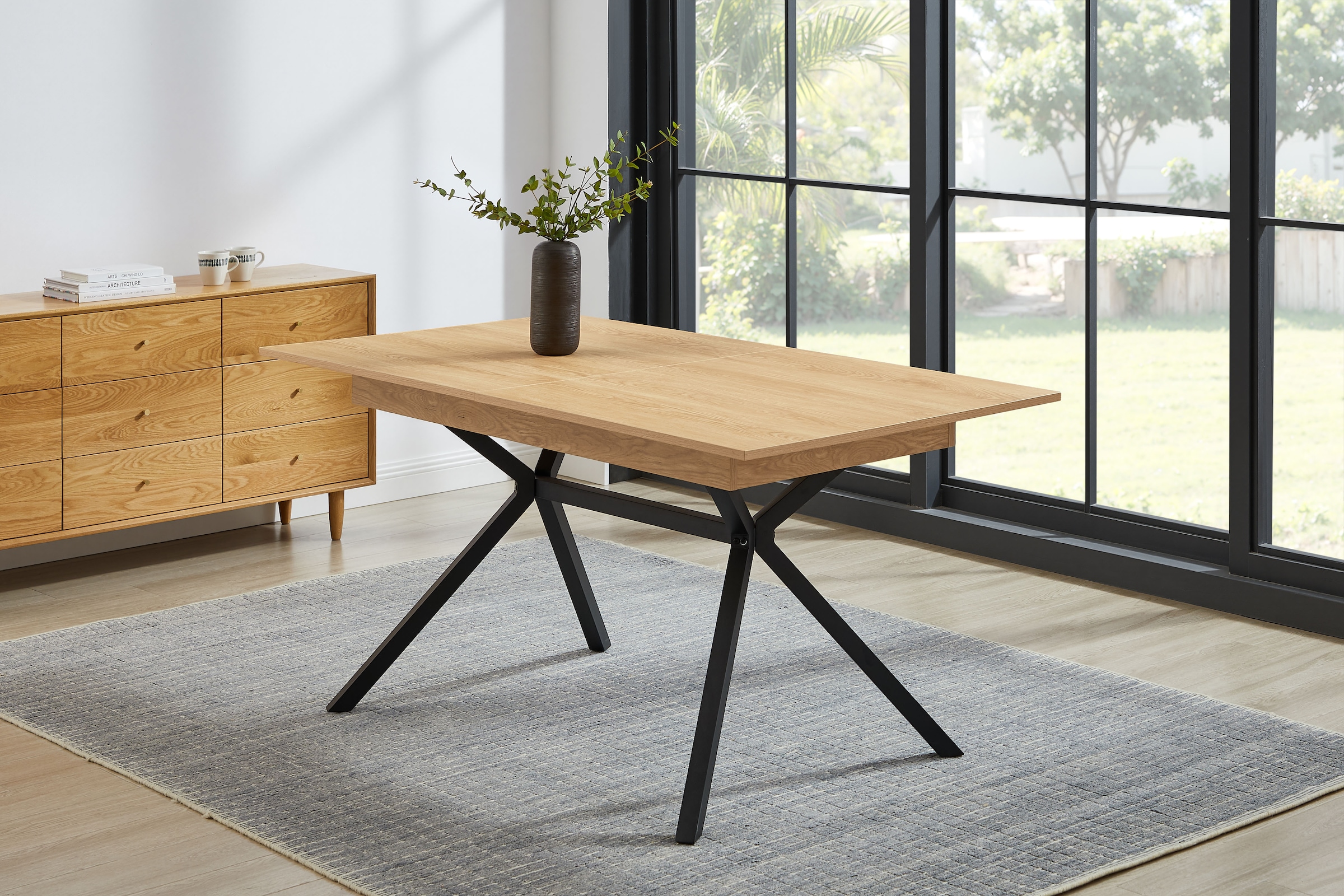 GOODproduct Essgruppe »Vendy, Esstisch ausziehbar plus 6 Freischwinger« Set, Esstisch ausziehbar 160 - 210 cm plus 6 Esszimmerstühle, 7 Stk. tlg. pflegeleichte Strukturstoff-Stühle, 3D-Steppung, ausziehbarer Tisch